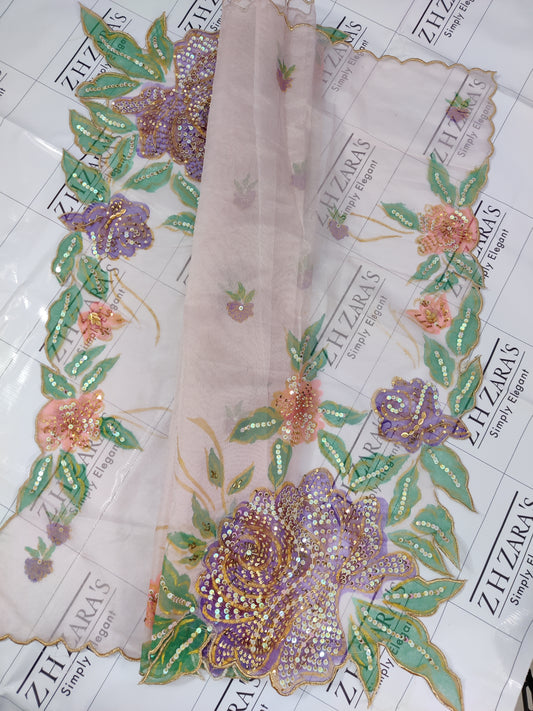Soft Pink Hand Embellished Hand painted Cutwork