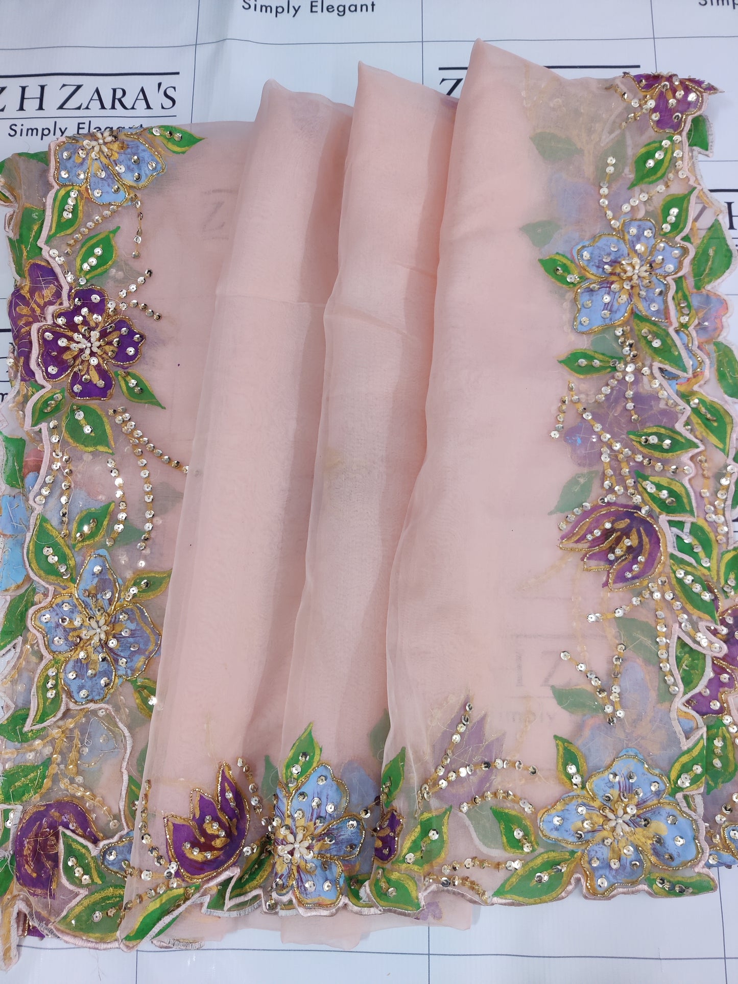 Soft Peachy Pink Embellished Hand Painted Cutwork 3pc