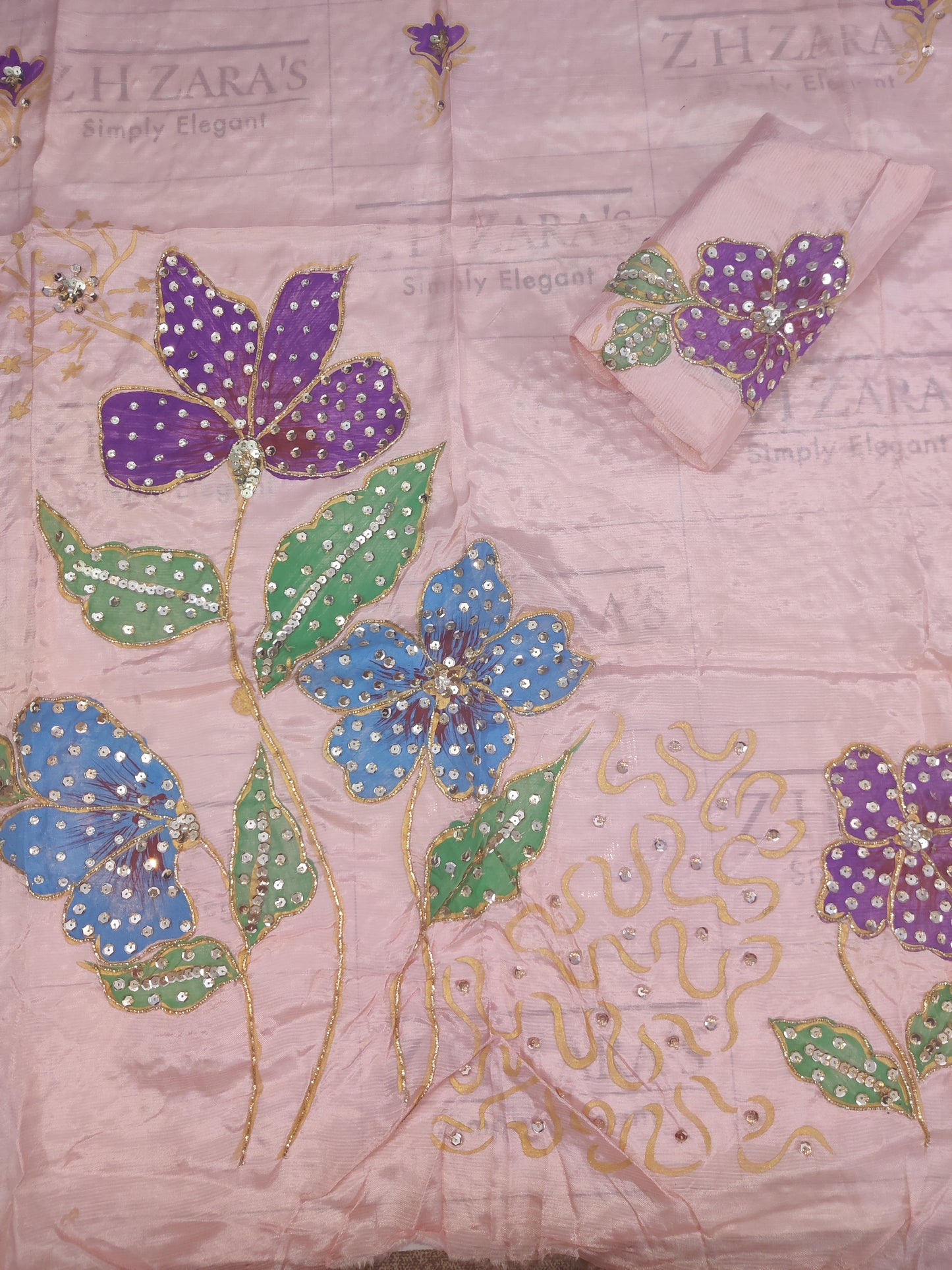 Soft Peachy Pink Embellished Hand Painted Cutwork 3pc