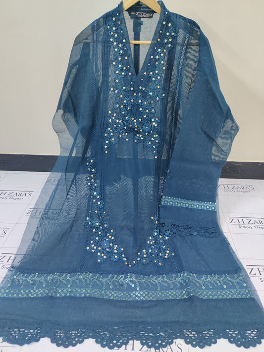 Peacock Blue Cutwork Handwork 2pc