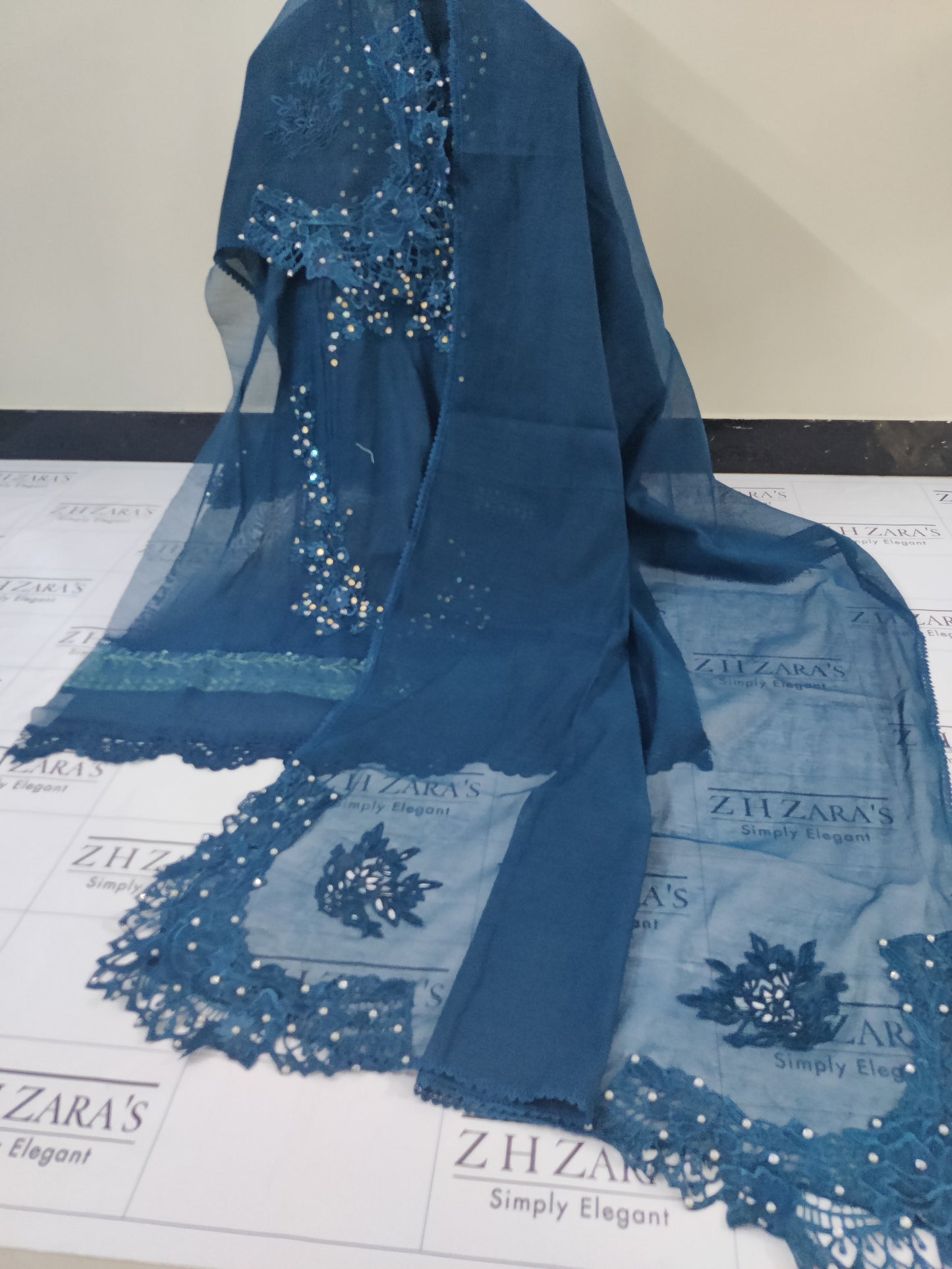 Peacock Blue Cutwork Handwork 2pc