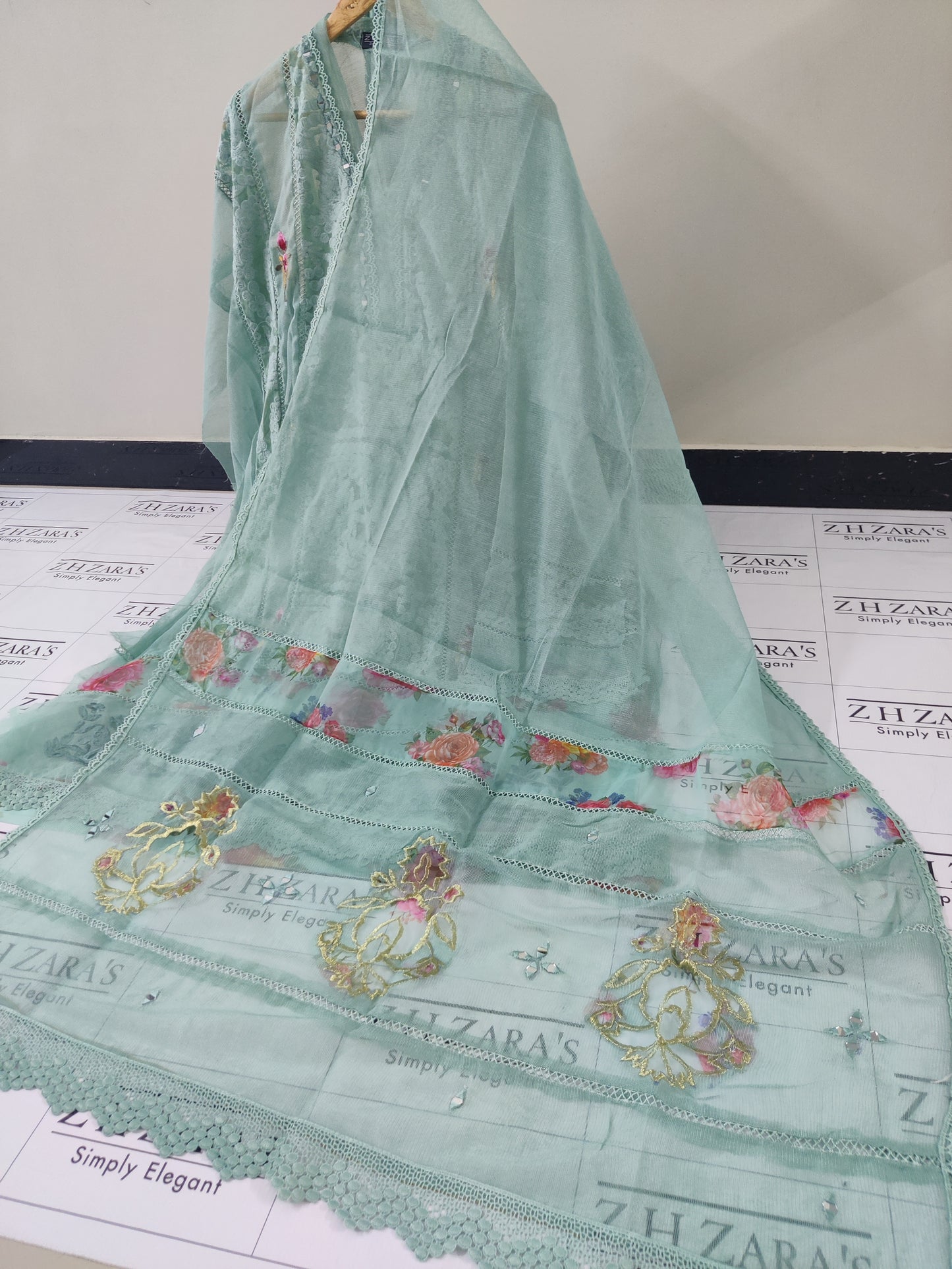Aqua Organza Applique Cutwork 3pc