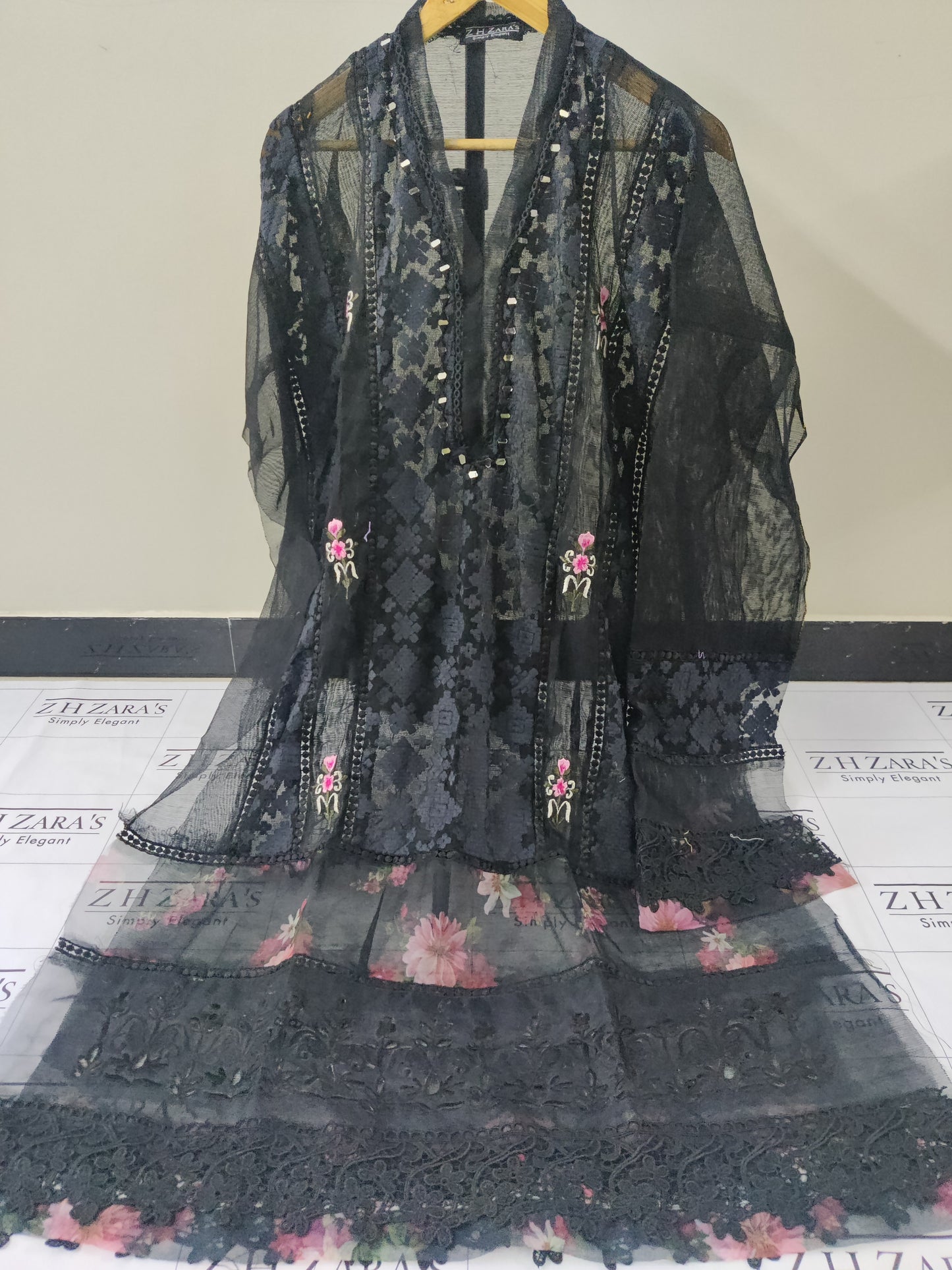 Black Organza Applique Cutwork 3pc