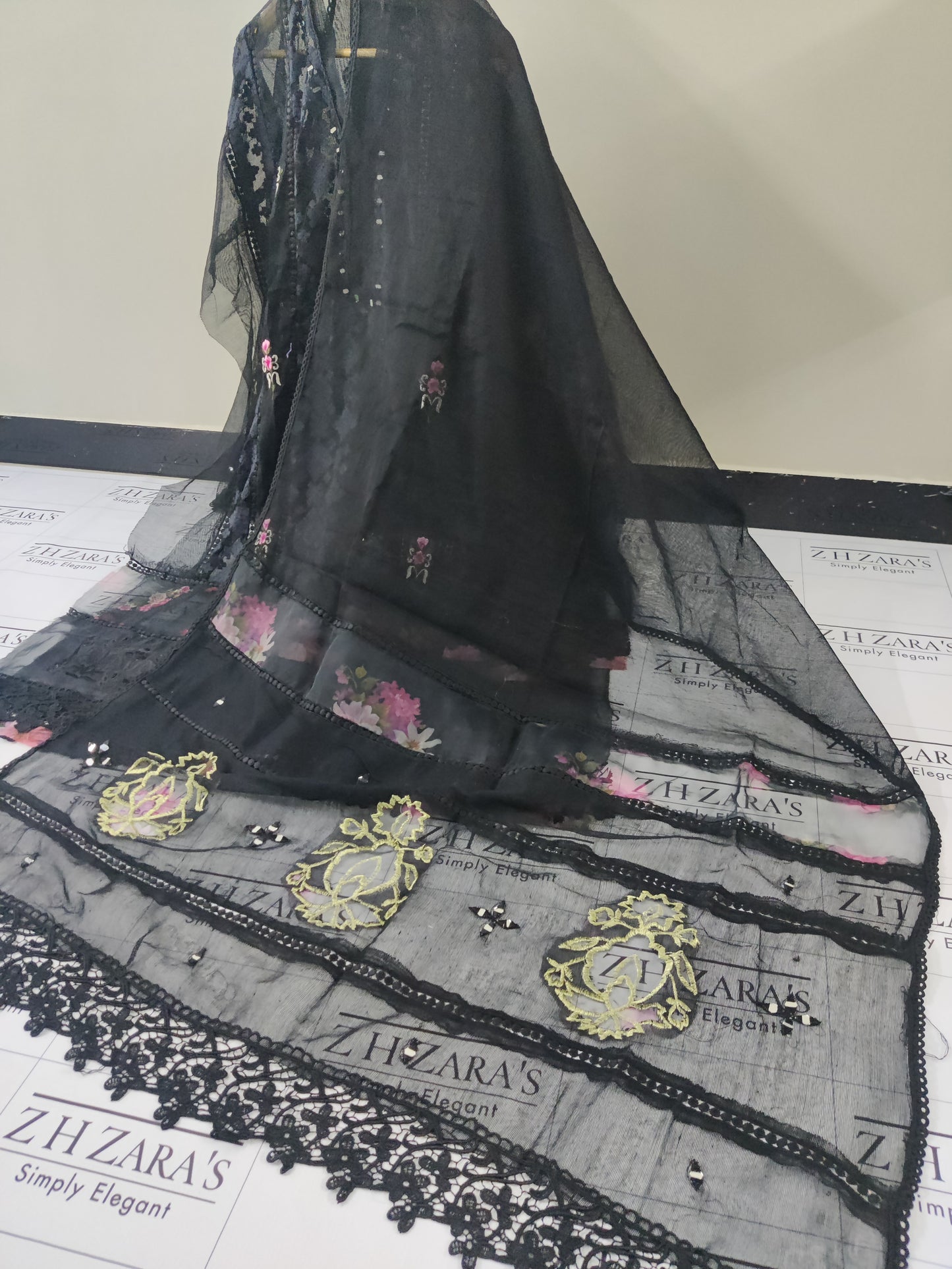 Black Organza Applique Cutwork 3pc