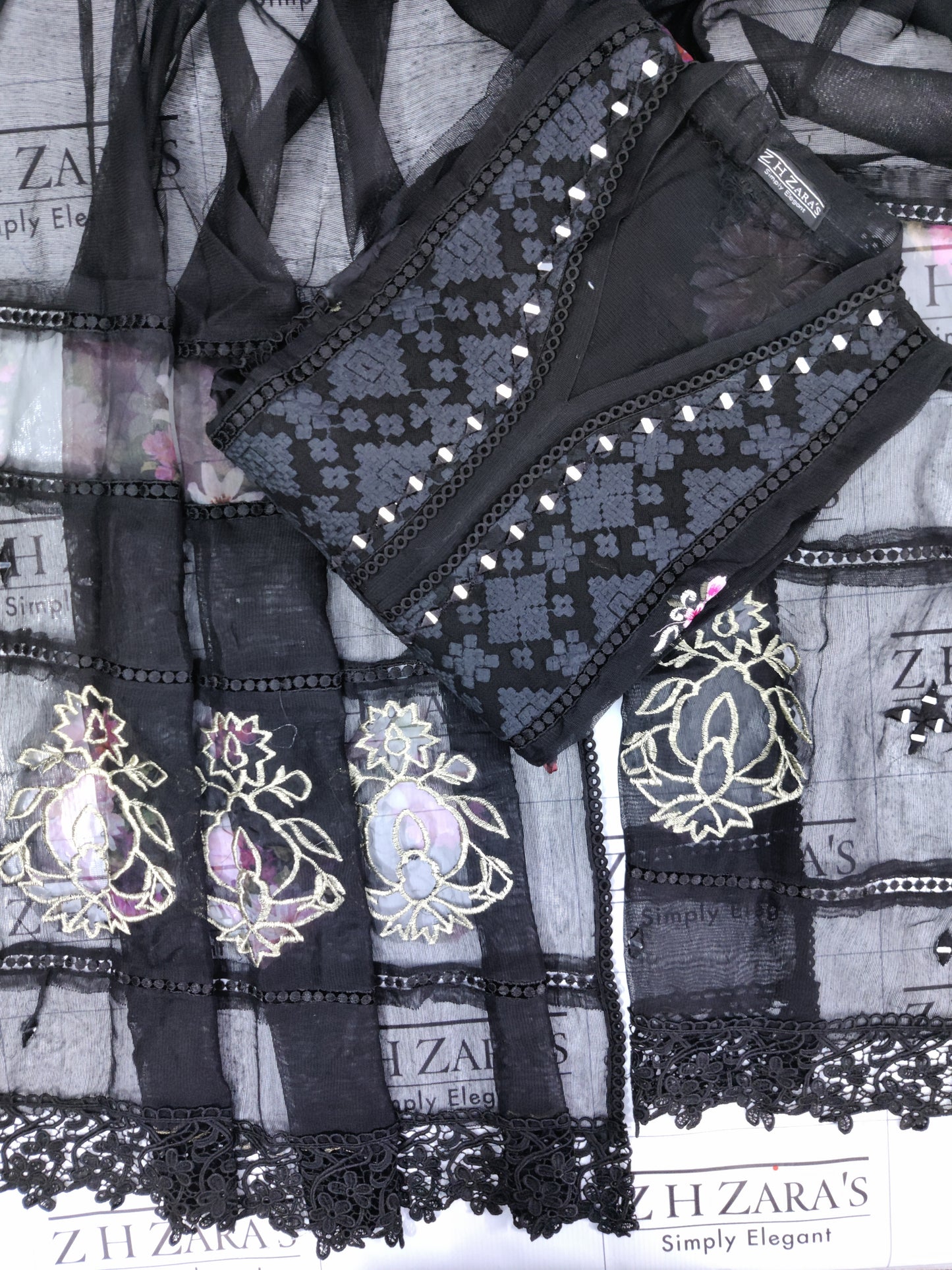 Black Organza Applique Cutwork 3pc