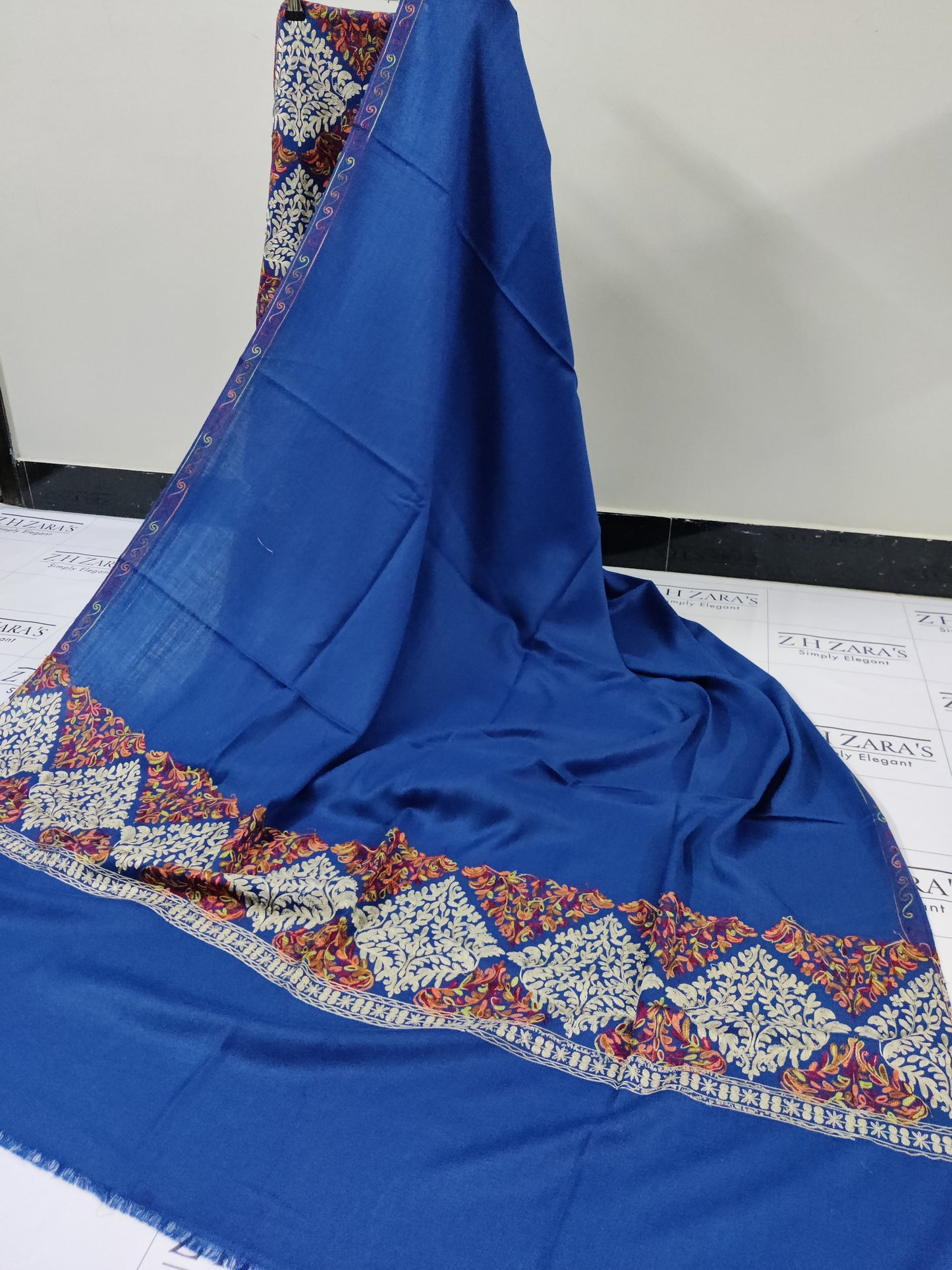 Peacock Blue Embroidered Pashmina 3pc