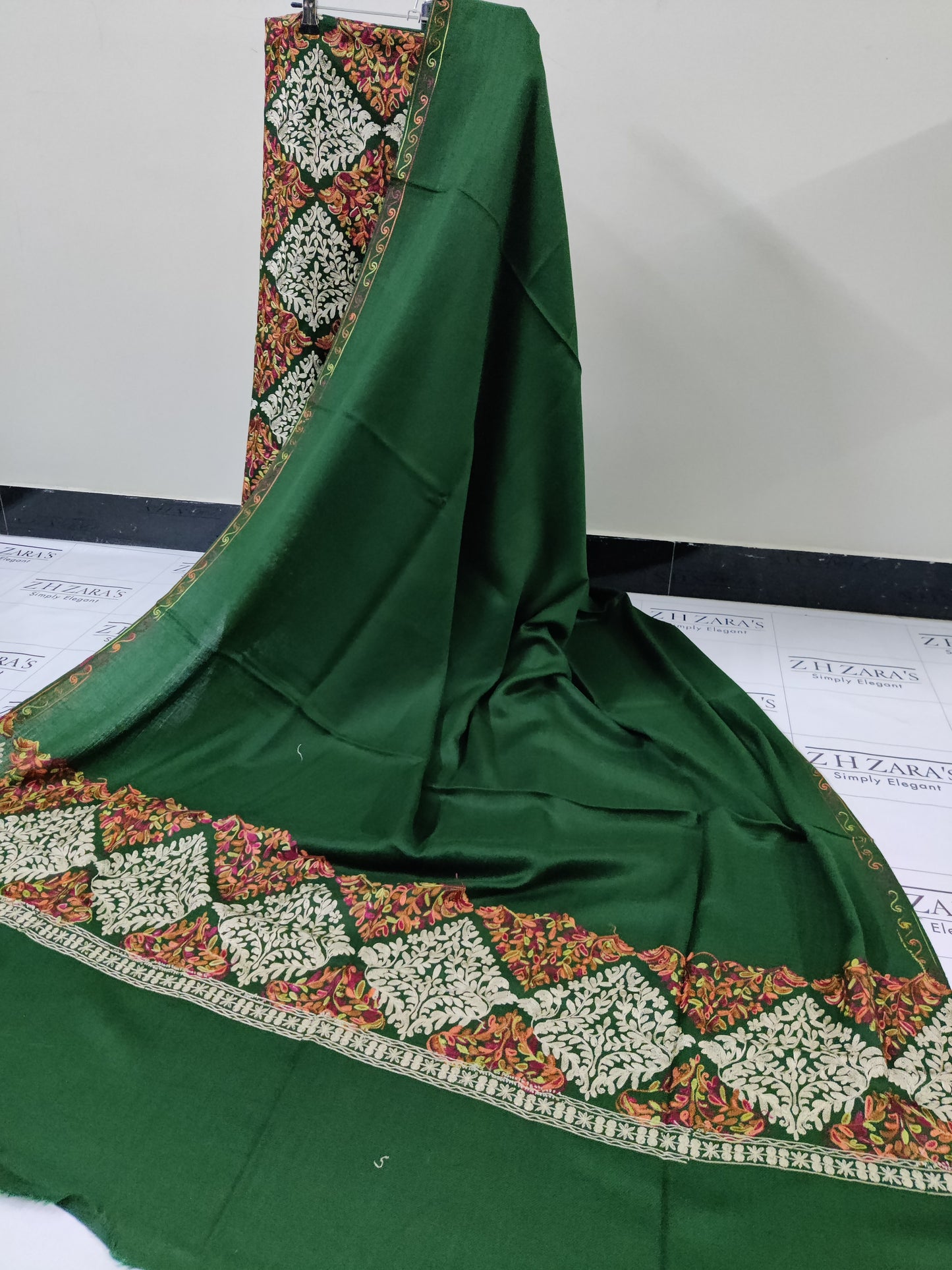 Bottle Green Embroidered Pashmina 3pc