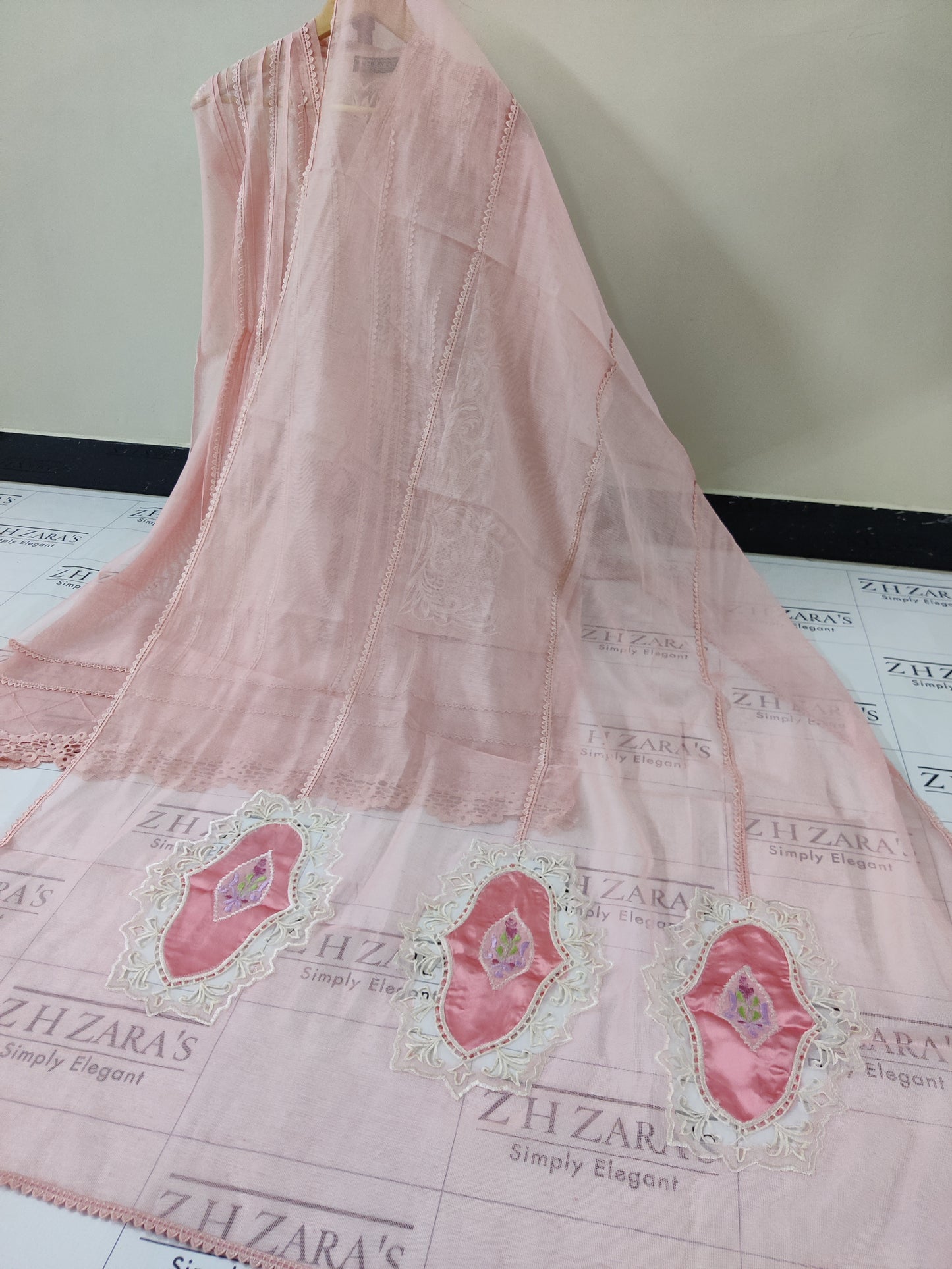 Peachy Pink Cutwork Silk Applique 2pc