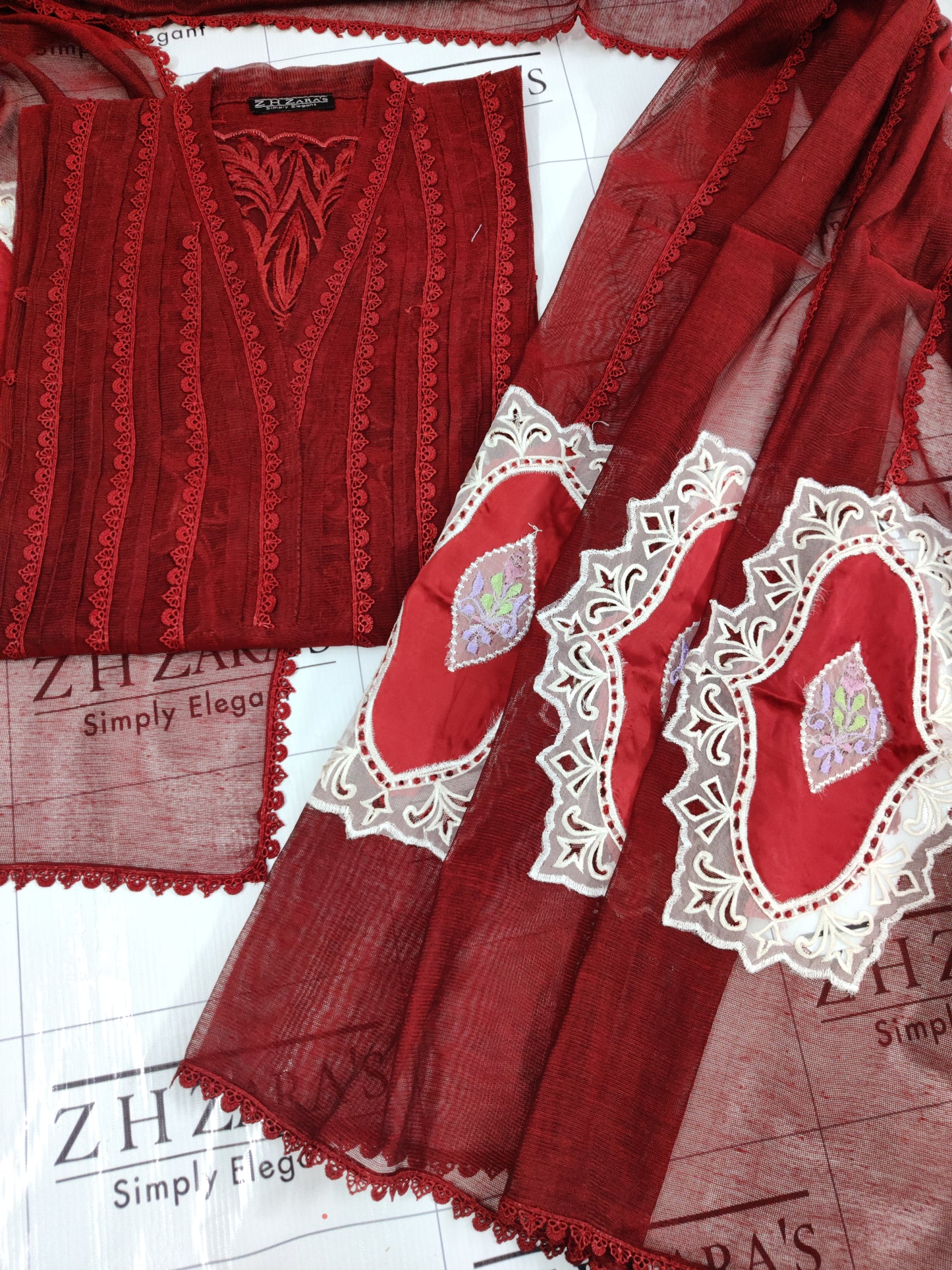 Deep Red Cutwork Silk Applique 2pc