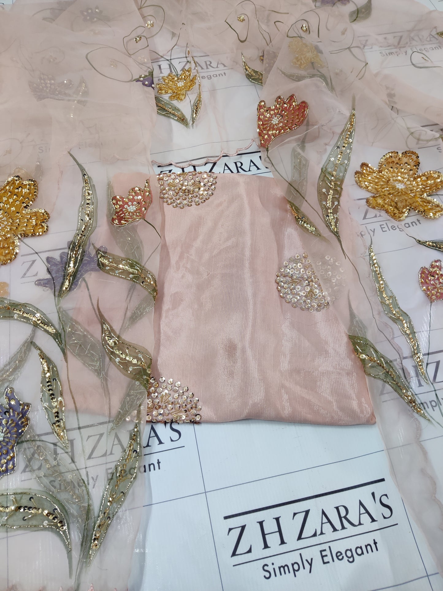 Peachy Pink V2 Hand Embellished Hand Painted Cutwork 3pc
