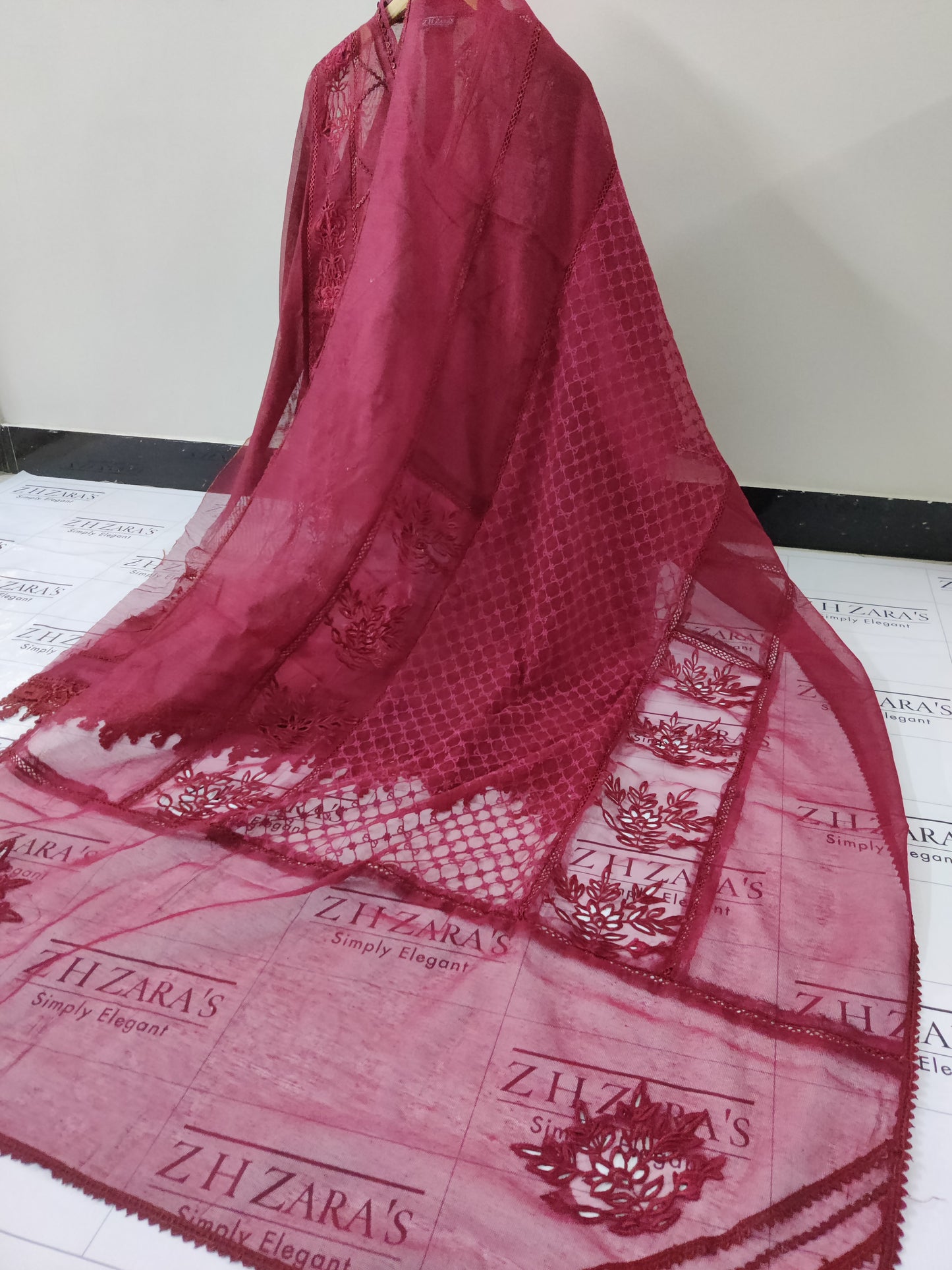 Duppata Cutwork Ruby Maroon 2pc