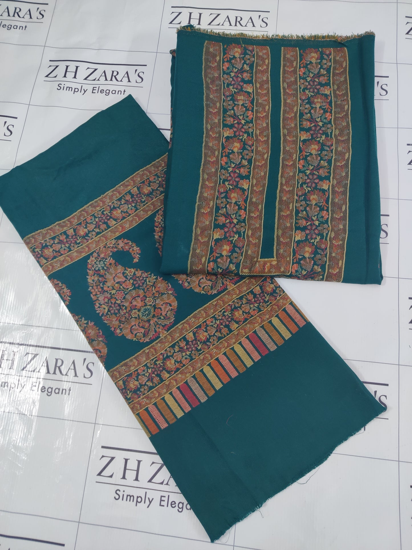 Emerald Peacock Green Jacquard Kani Pashmina 3pc