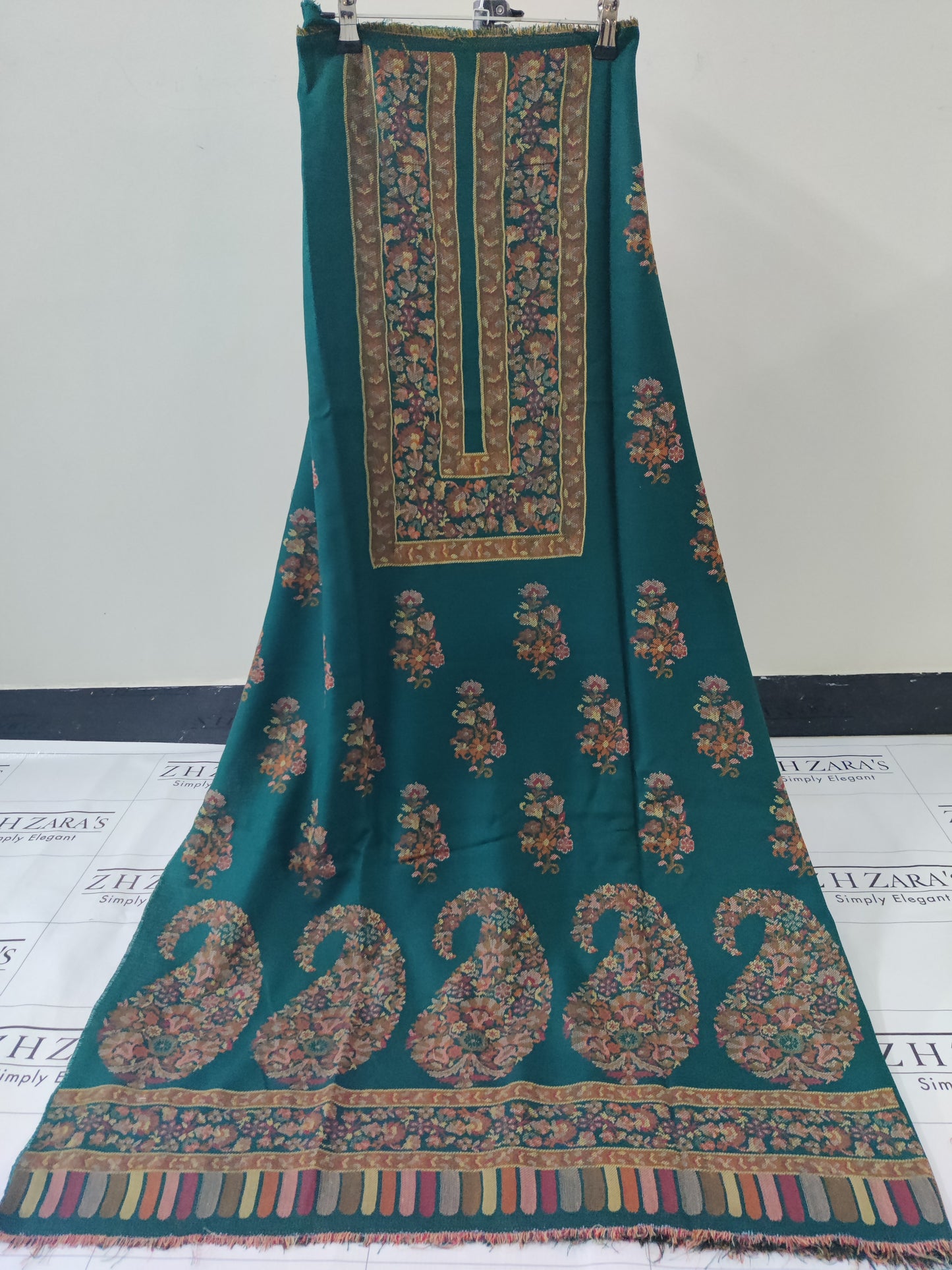 Emerald Peacock Green Jacquard Kani Pashmina 3pc