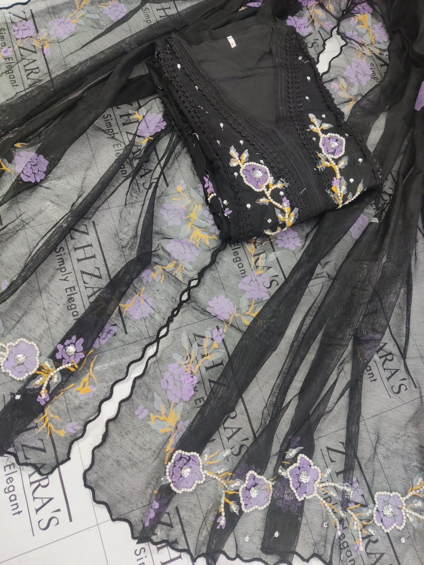 Floral Black Hand Painted Stitched 2pc