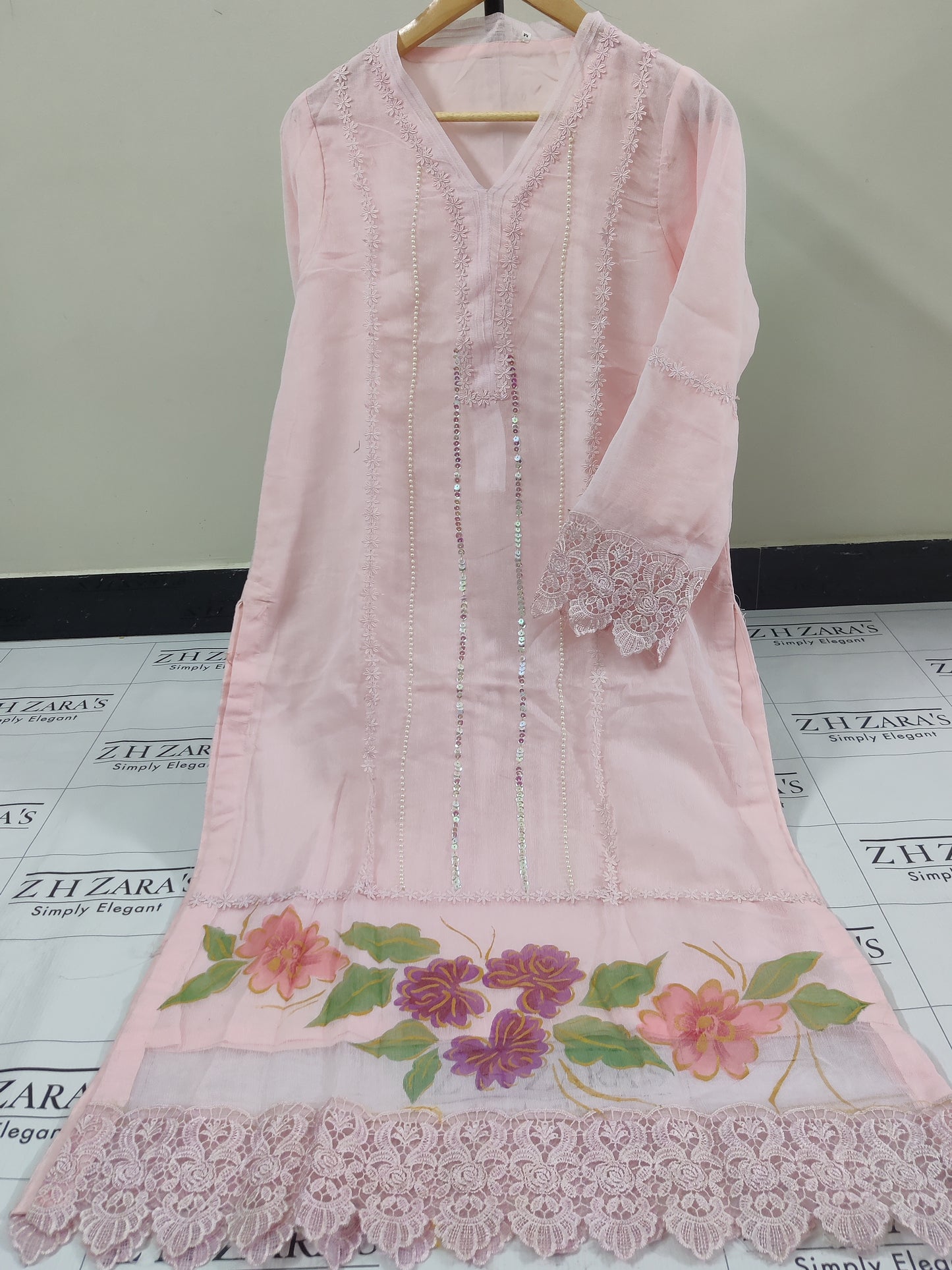 Soft Pink Lines Hand Painted Stitched 2pc