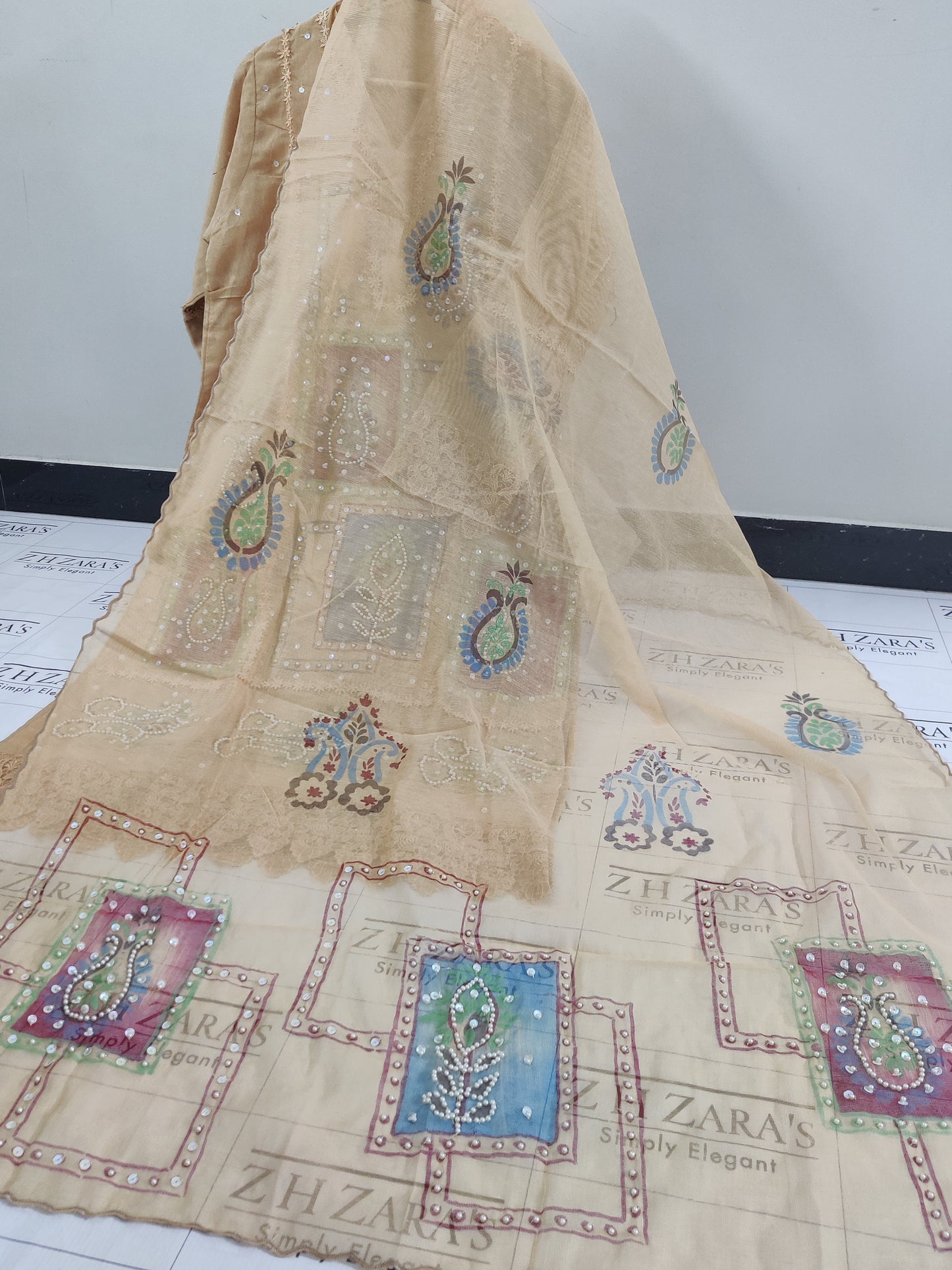 Coffee Beige Frame Hand Painted Stitched 2pc