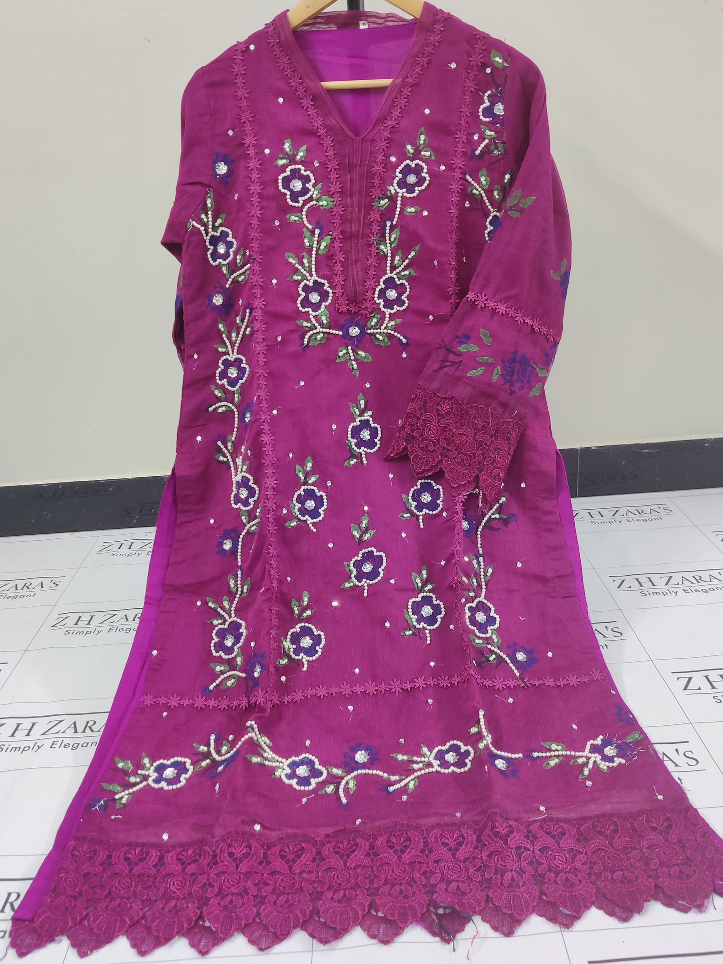 Floral Hot Pink Hand Painted Stitched 2pc