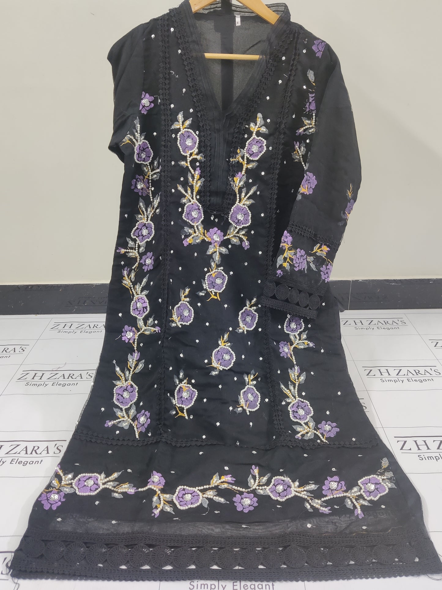 Floral Black Hand Painted Stitched 2pc