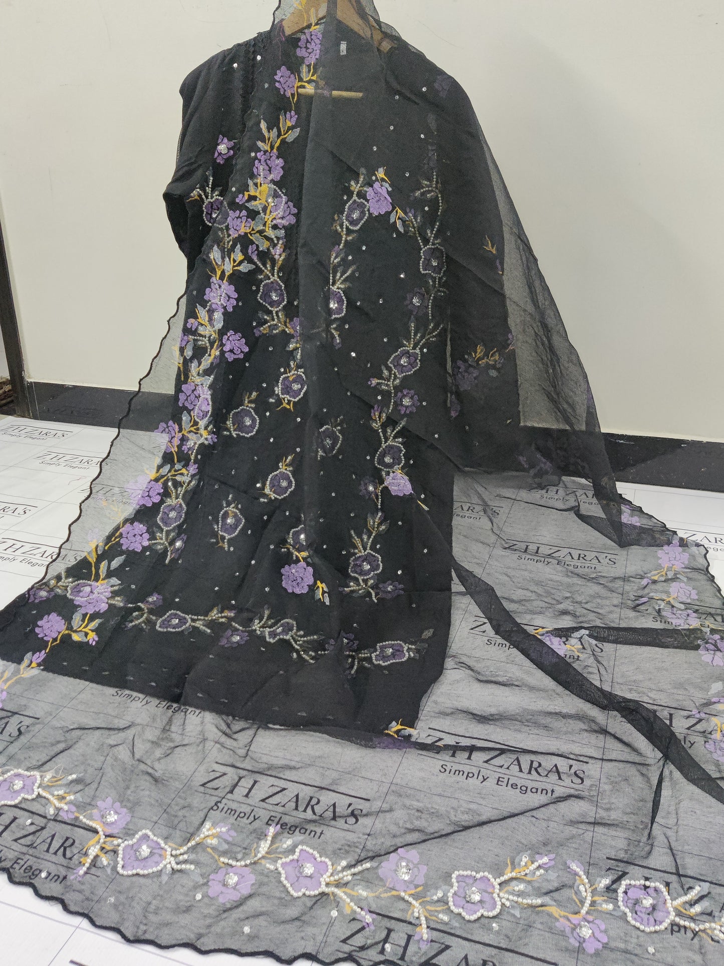 Floral Black Hand Painted Stitched 2pc