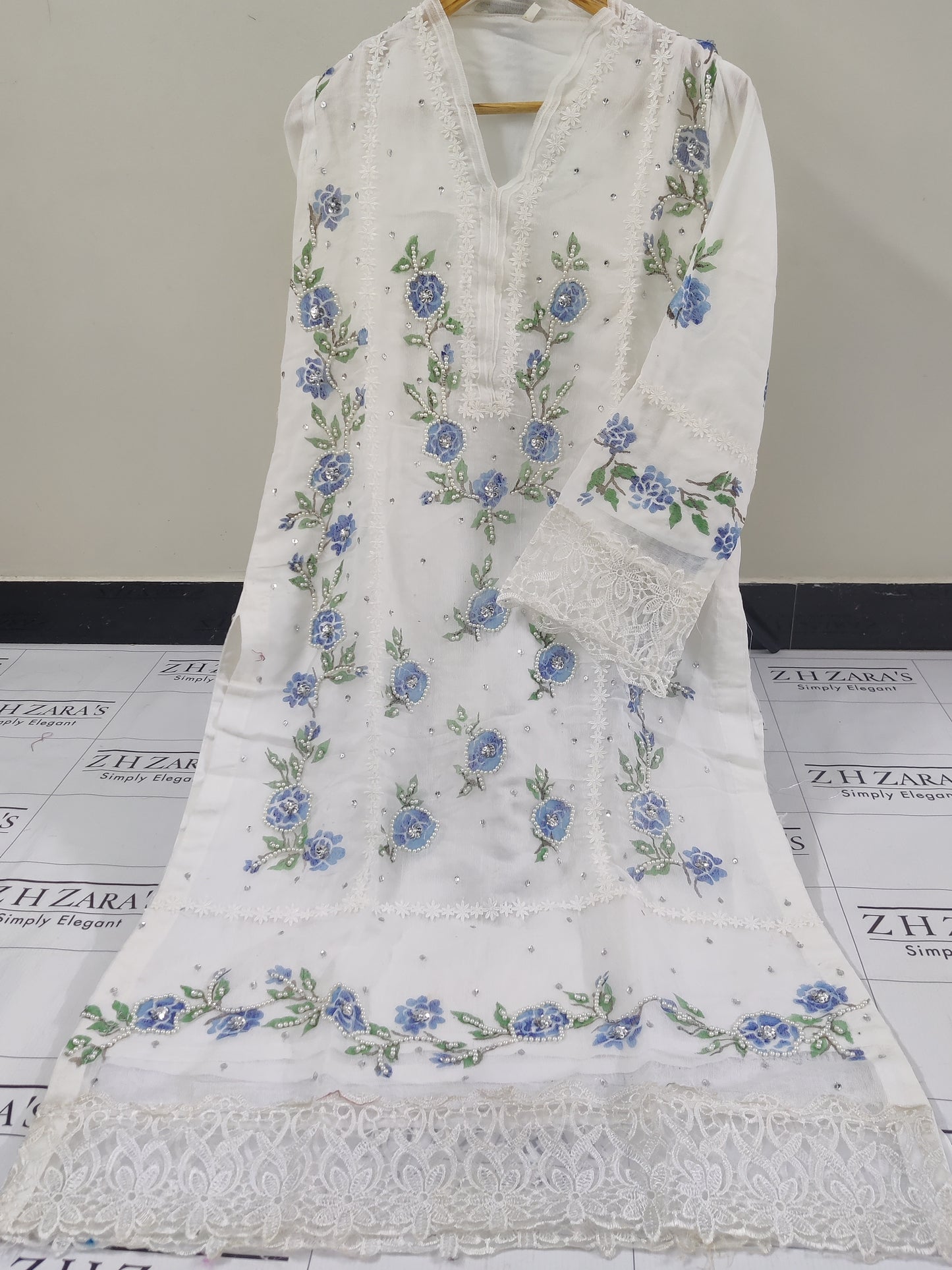 Floral White Hand Painted Stitched 2pc