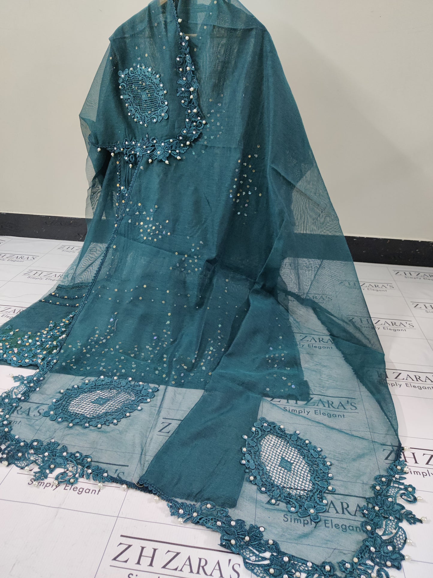 Peacock Green Cutwork Handwork 2pc