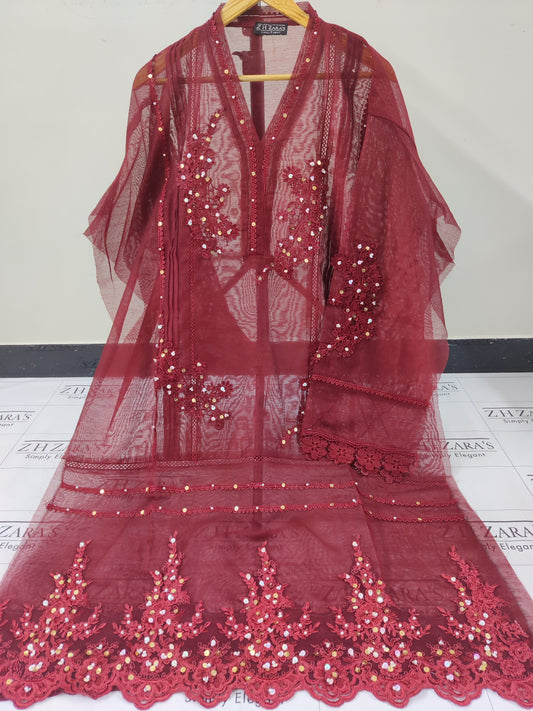 Maroon Cutwork Handwork 2pc