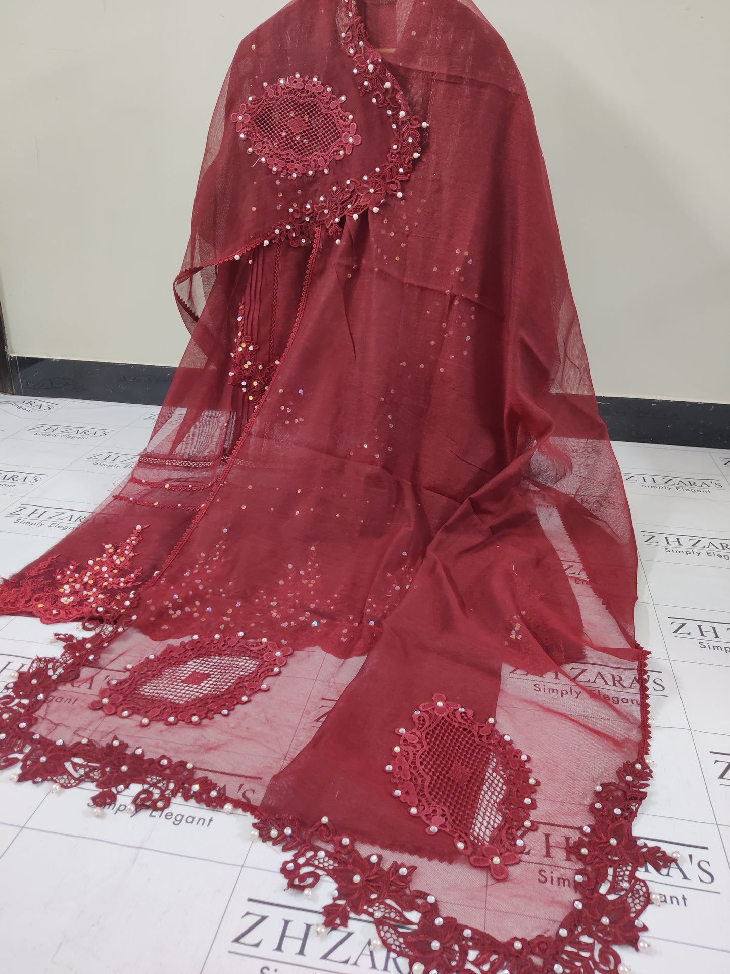 Maroon Cutwork Handwork 2pc