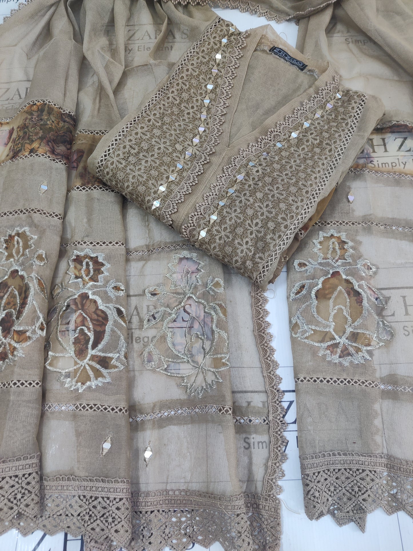 Coffee Organza Applique Cutwork 3pc