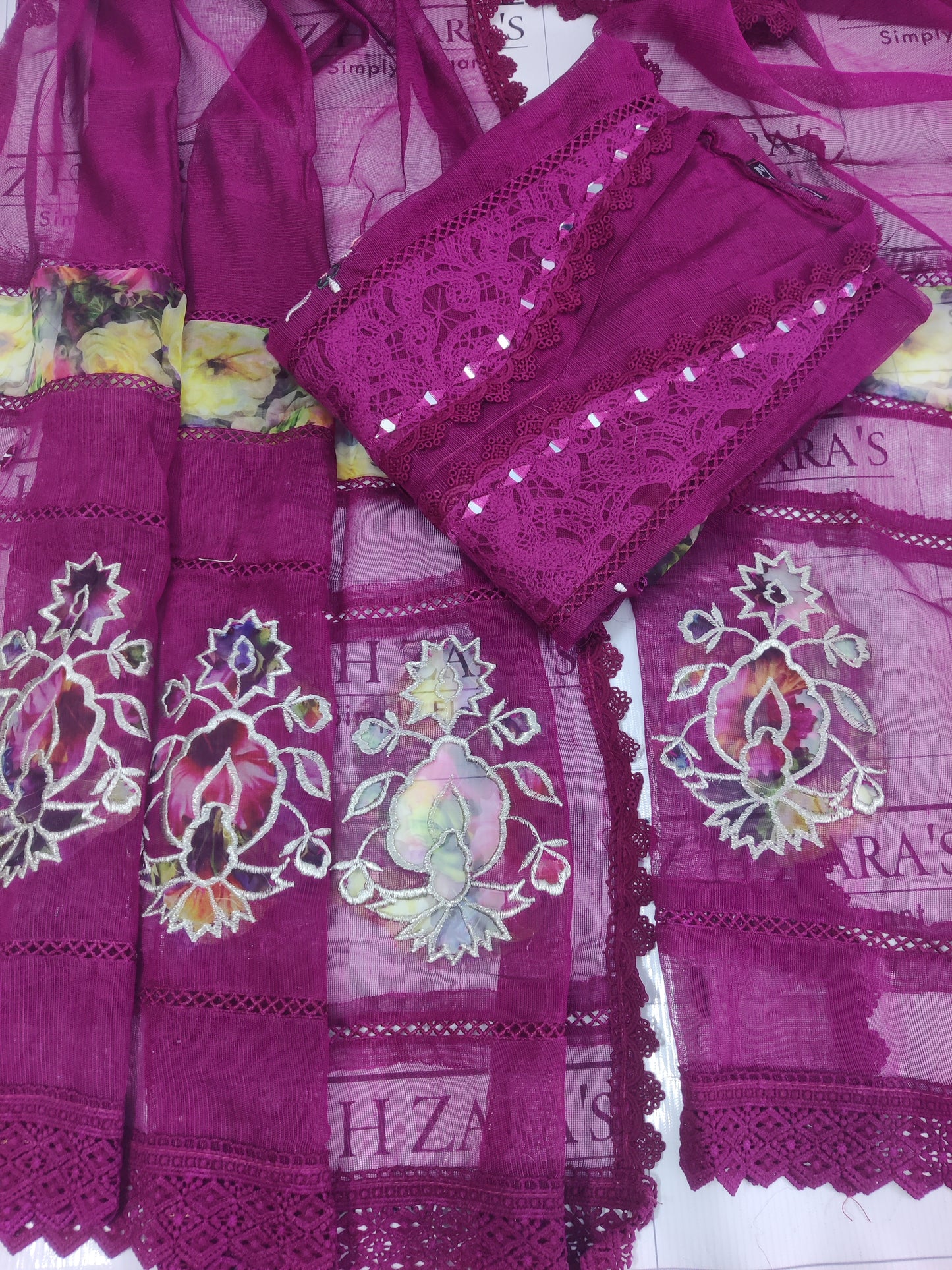 Magenta Hotpink Organza Applique Cutwork 3pc