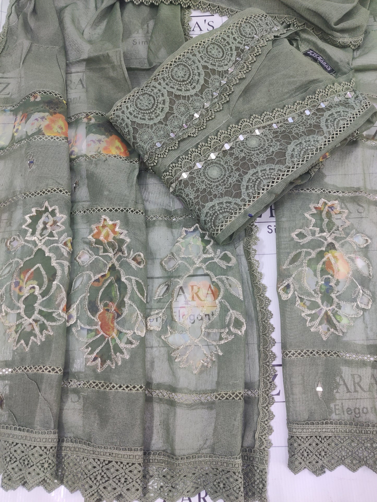 Olive Green Organza Applique Cutwork 3pc