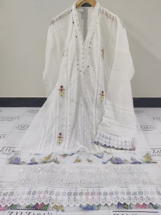 White Organza Applique Cutwork 3pc