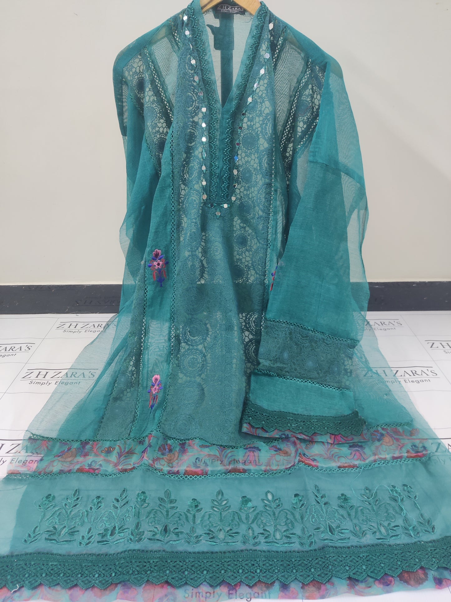 Emrald Peacock Green Organza Applique Cutwork 3pc