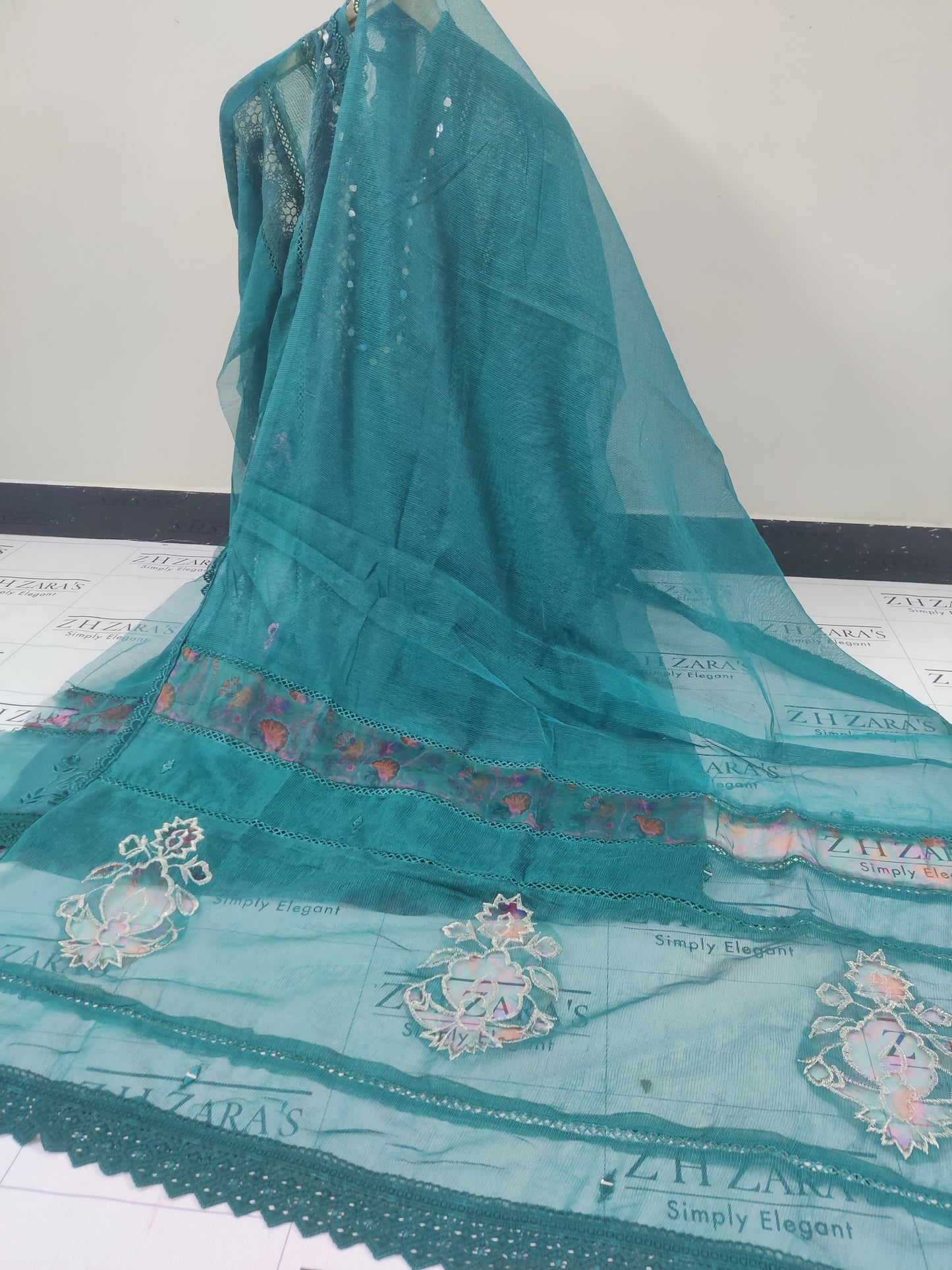 Emrald Peacock Green Organza Applique Cutwork 3pc