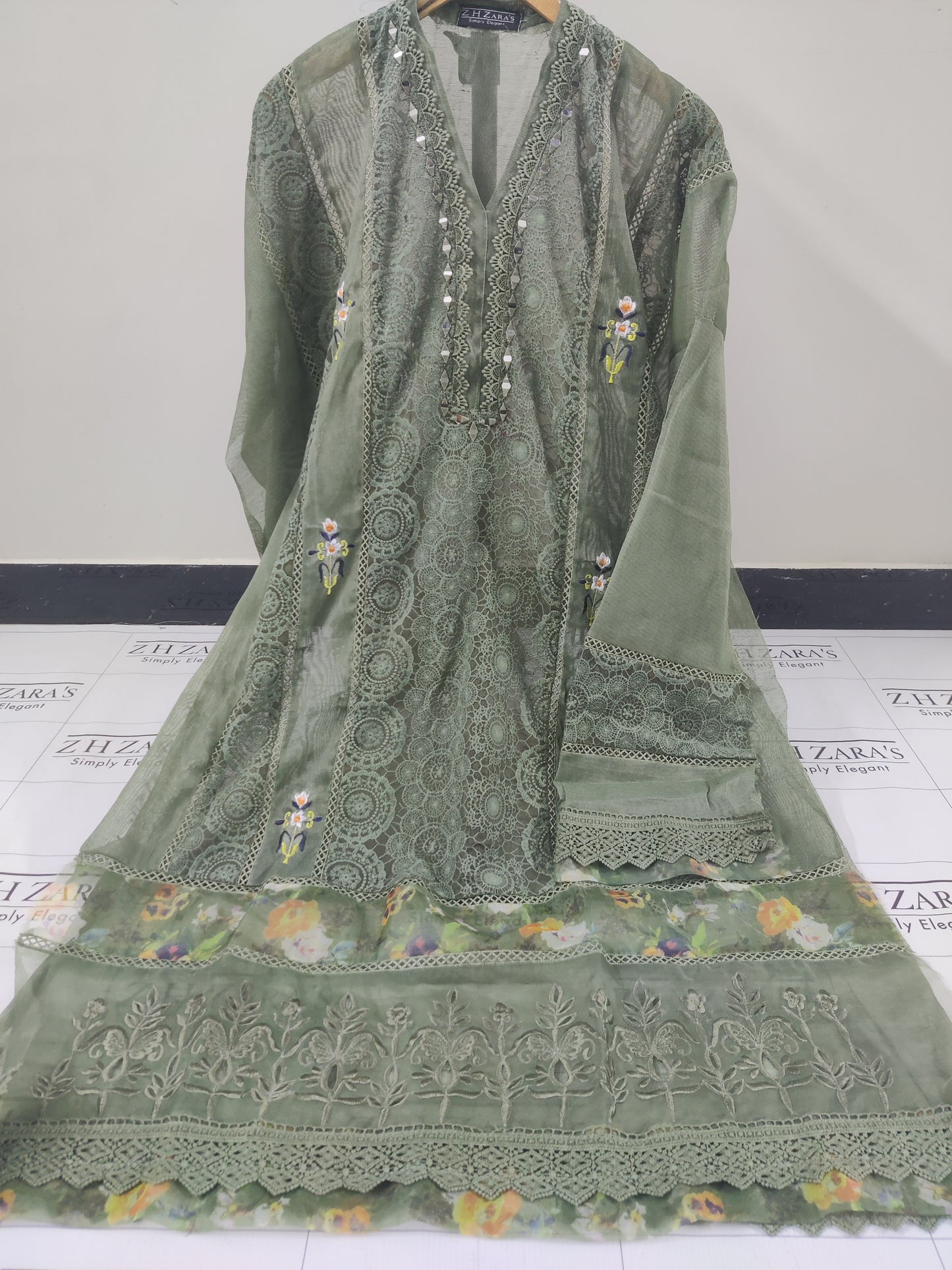 Olive Green Organza Applique Cutwork 3pc