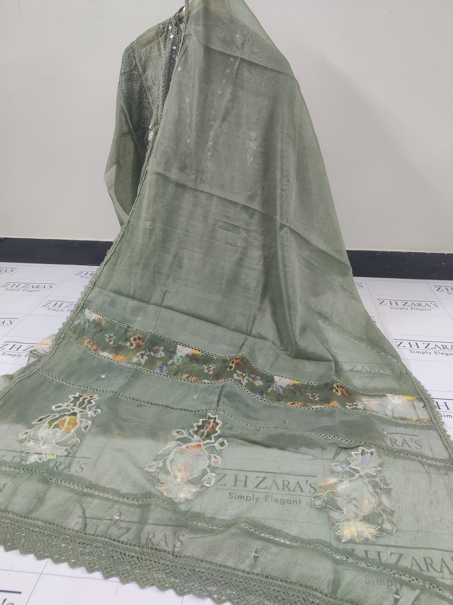 Olive Green Organza Applique Cutwork 3pc