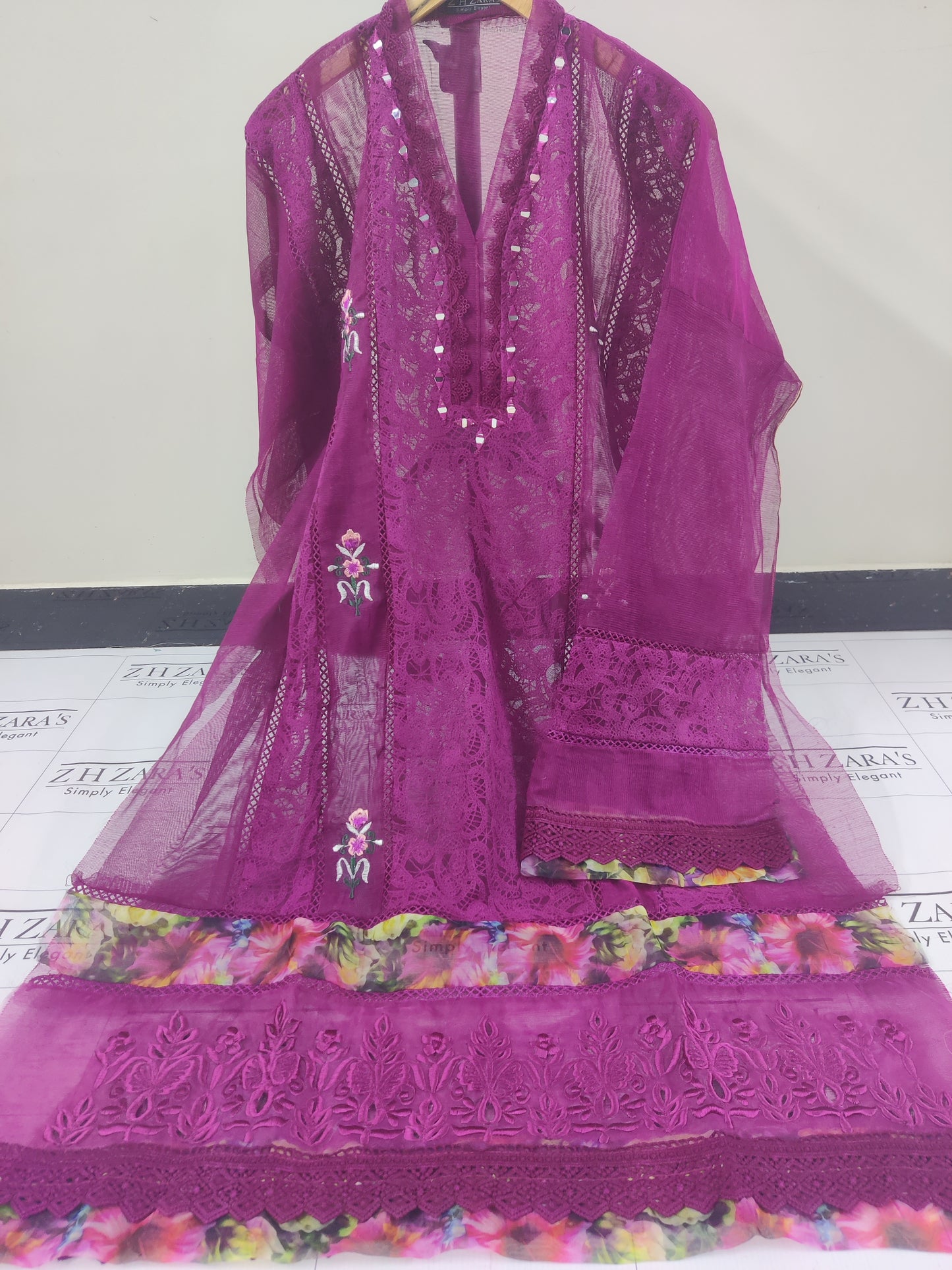 Magenta Hotpink Organza Applique Cutwork 3pc