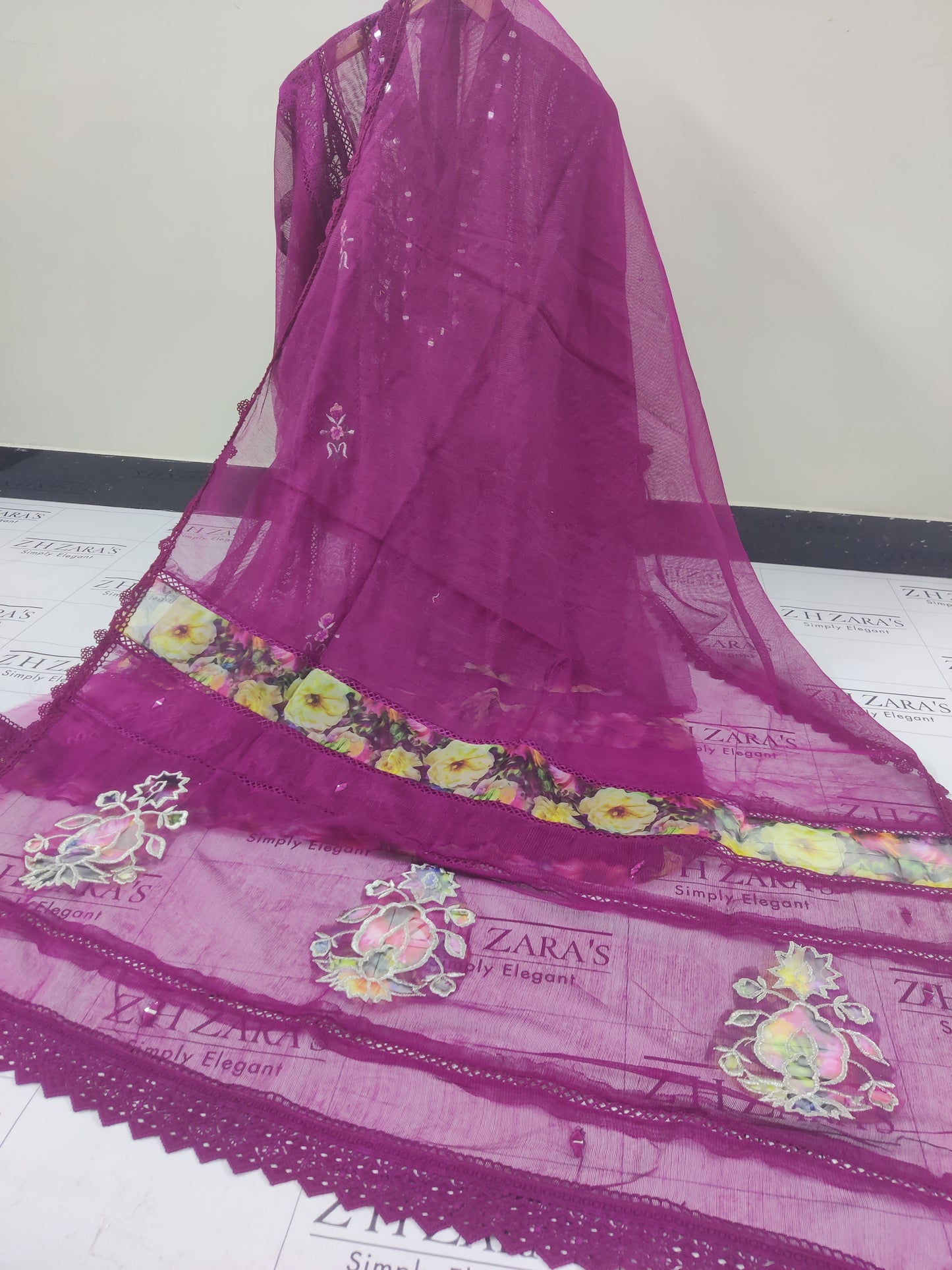 Magenta Hotpink Organza Applique Cutwork 3pc