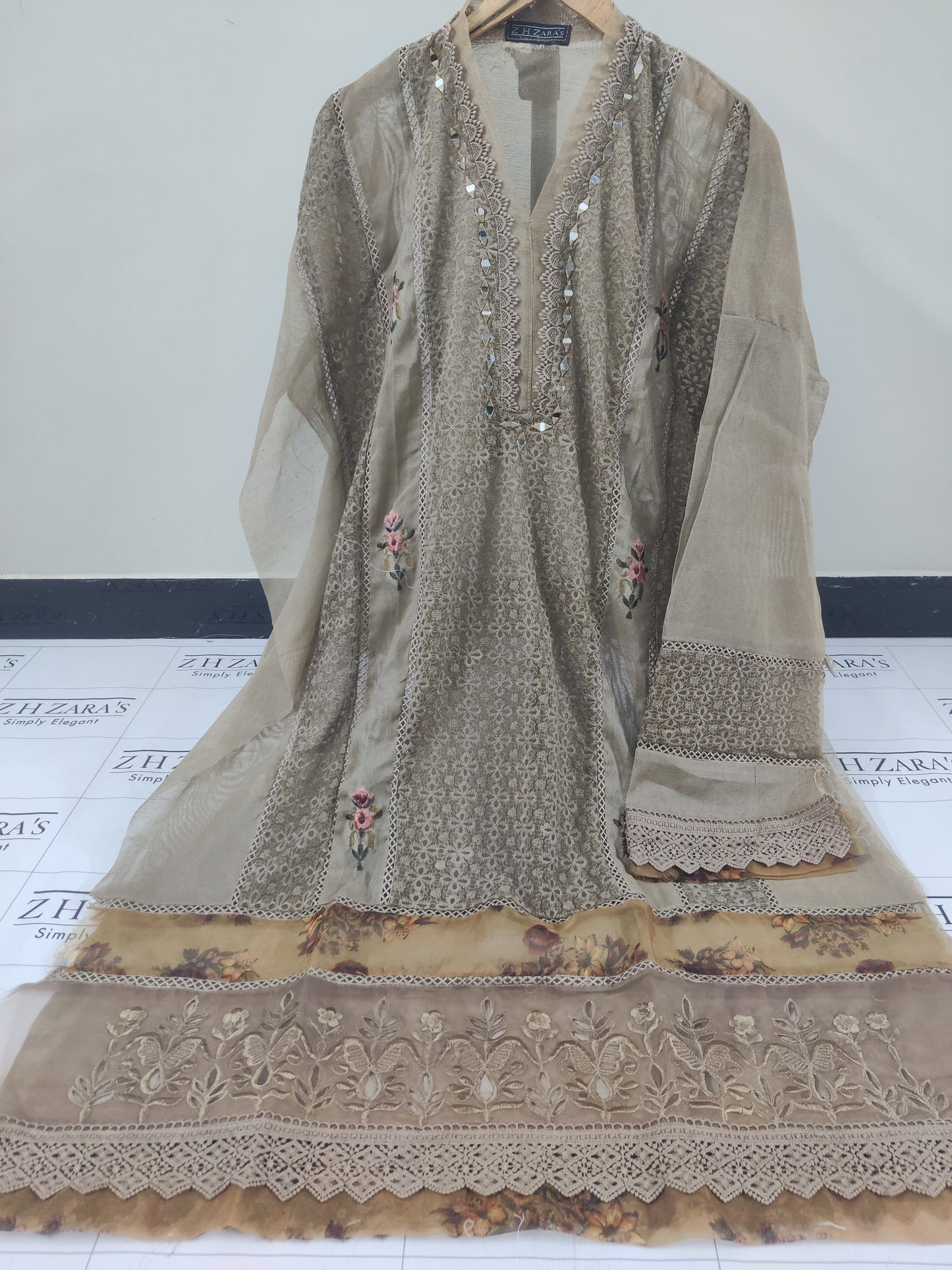 Coffee Organza Applique Cutwork 3pc