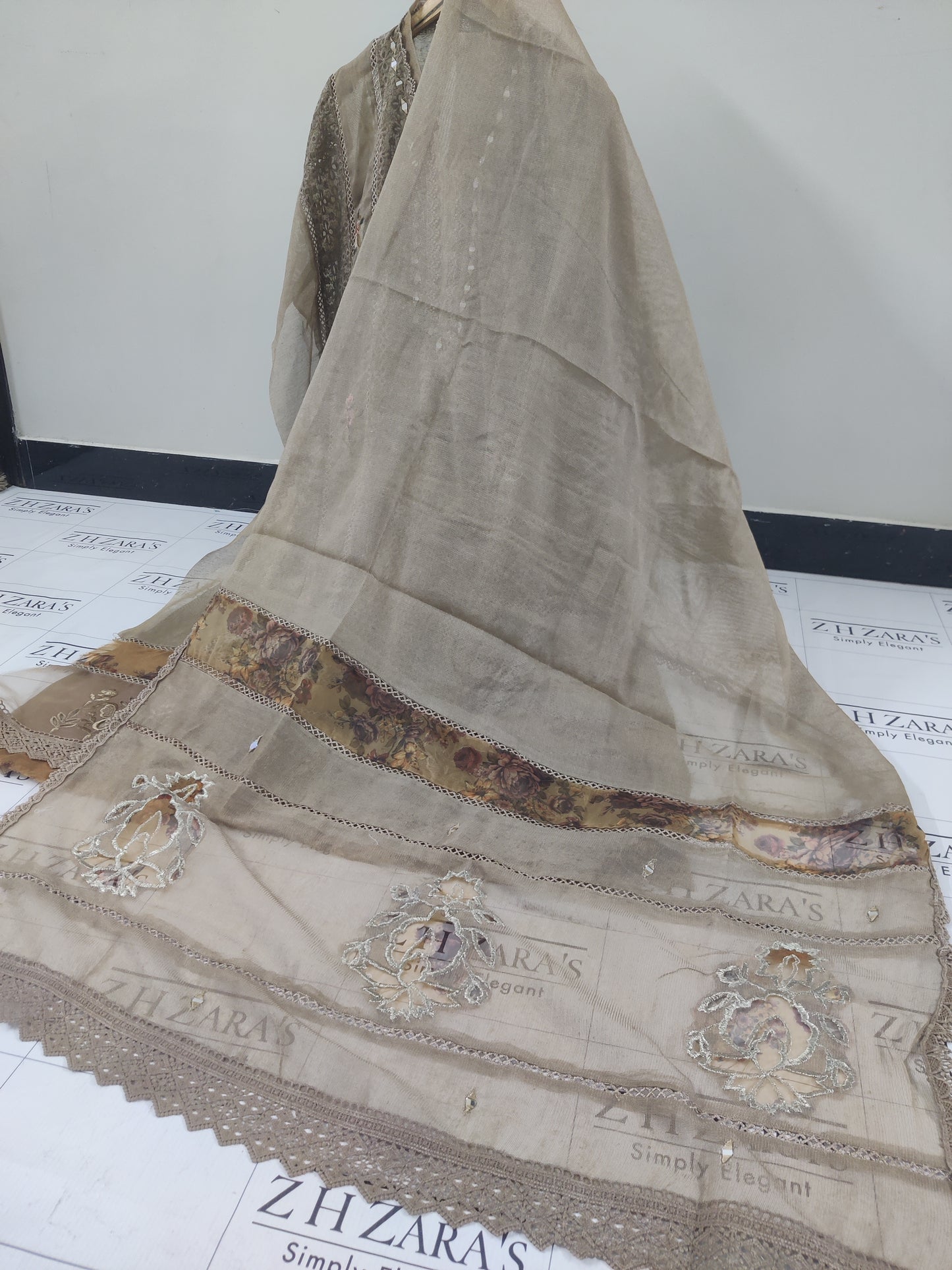 Coffee Organza Applique Cutwork 3pc