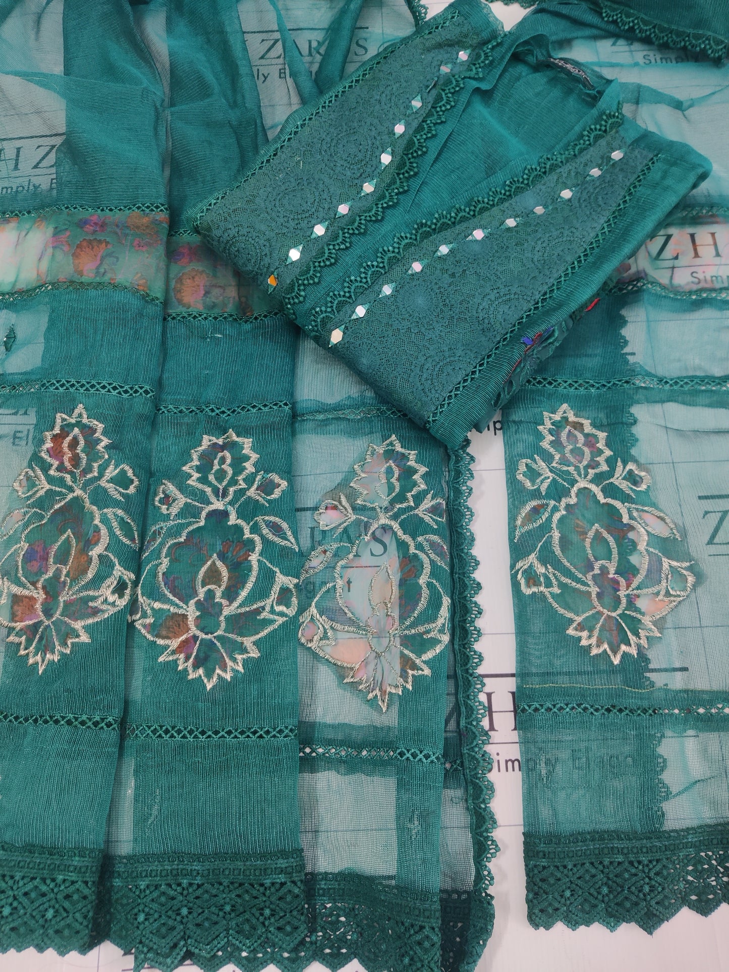 Emrald Peacock Green Organza Applique Cutwork 3pc
