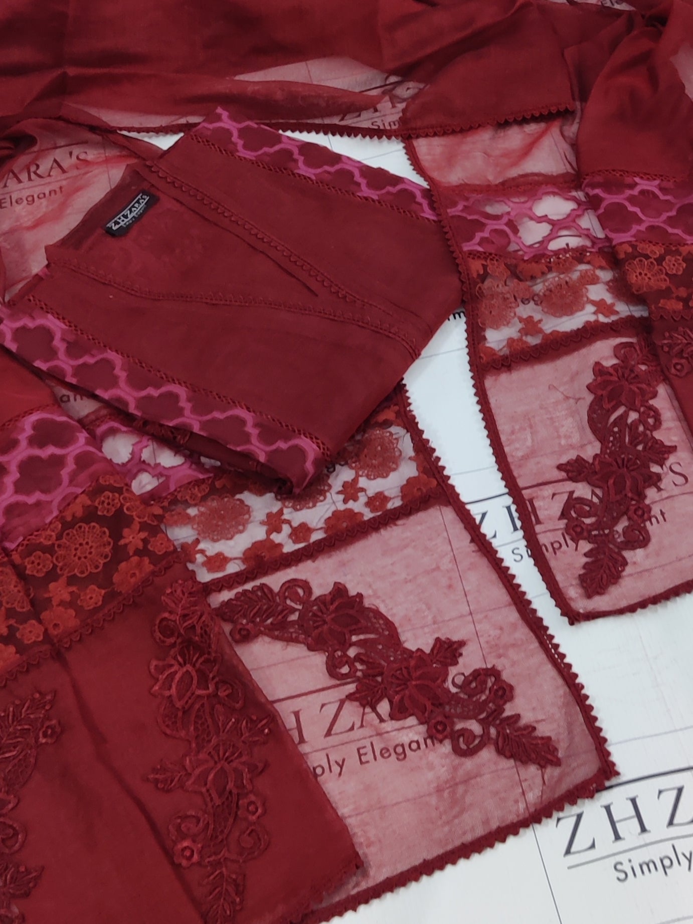Maroon Broshia Cutwork 2pc