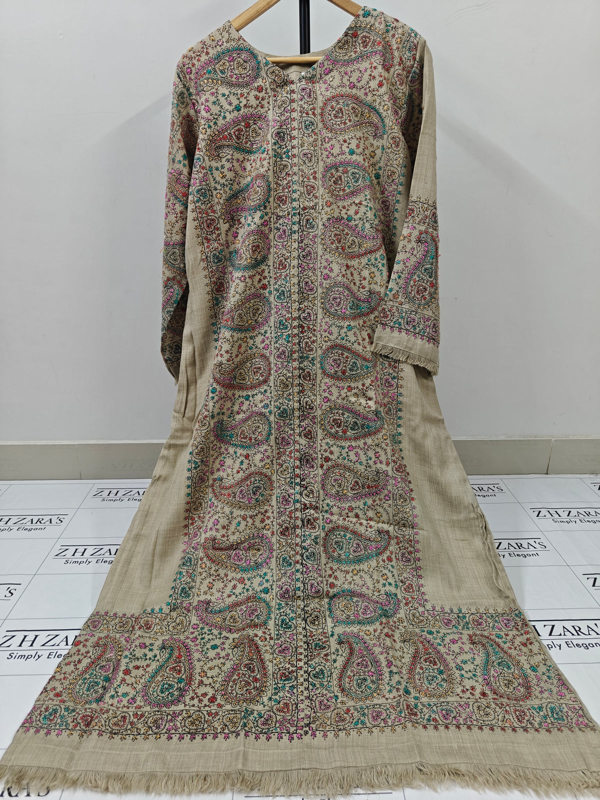 Cream Beige Needle Emb Pashmina Kaftan Shirt