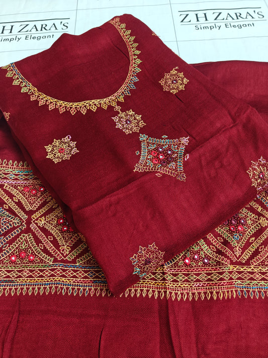 Maroon Needle Mirror Embroidery Pashmina 3pc