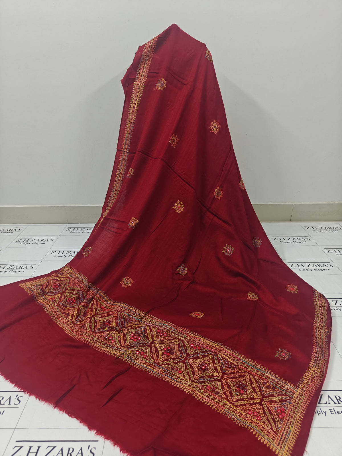 Maroon Needle Mirror Embroidery Pashmina 3pc
