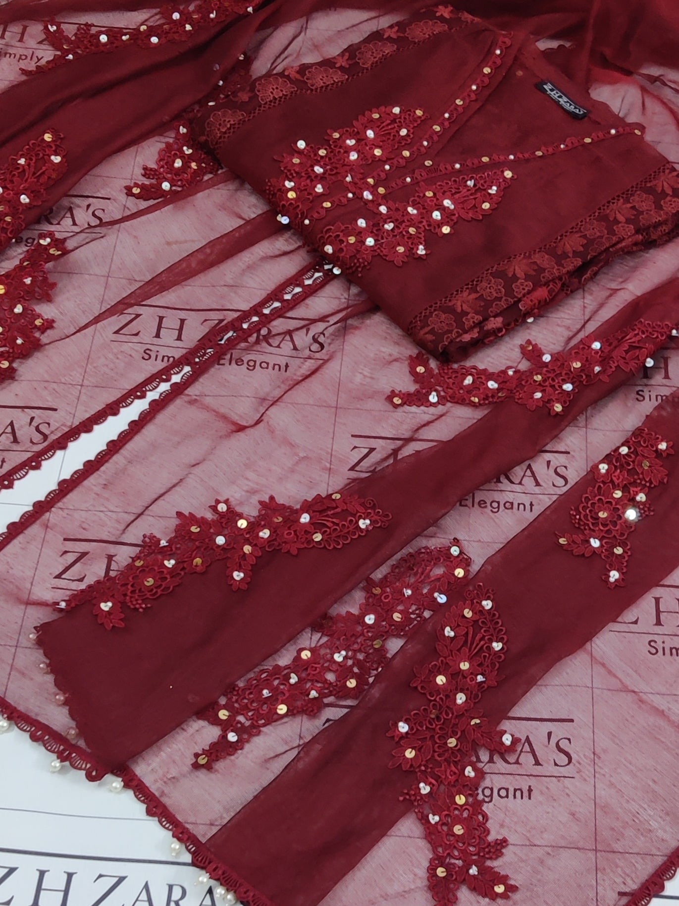 Maroon V2 Cutwork Handwork 2pc