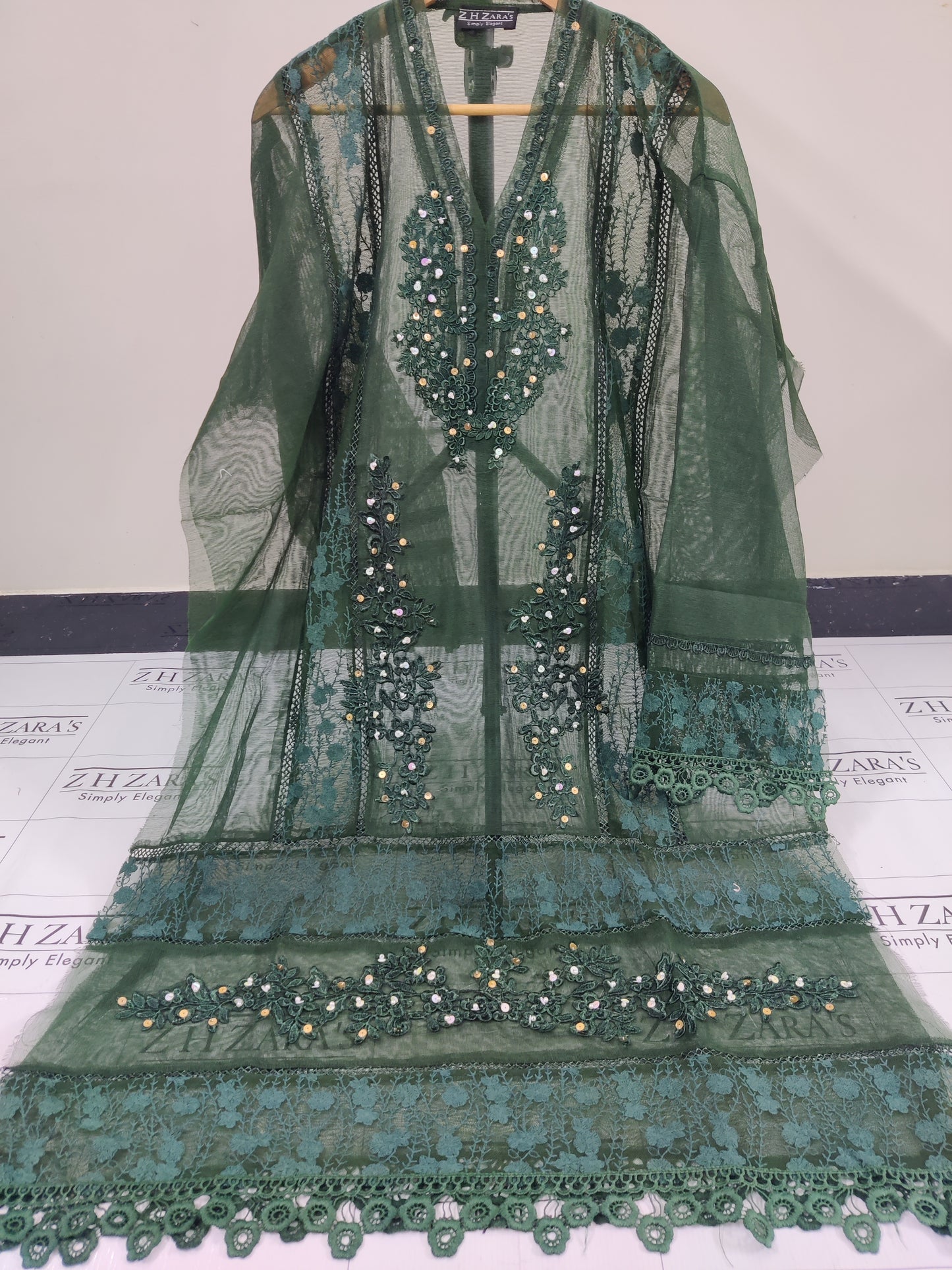 Bottle Green V2 Cutwork Handwork 2pc