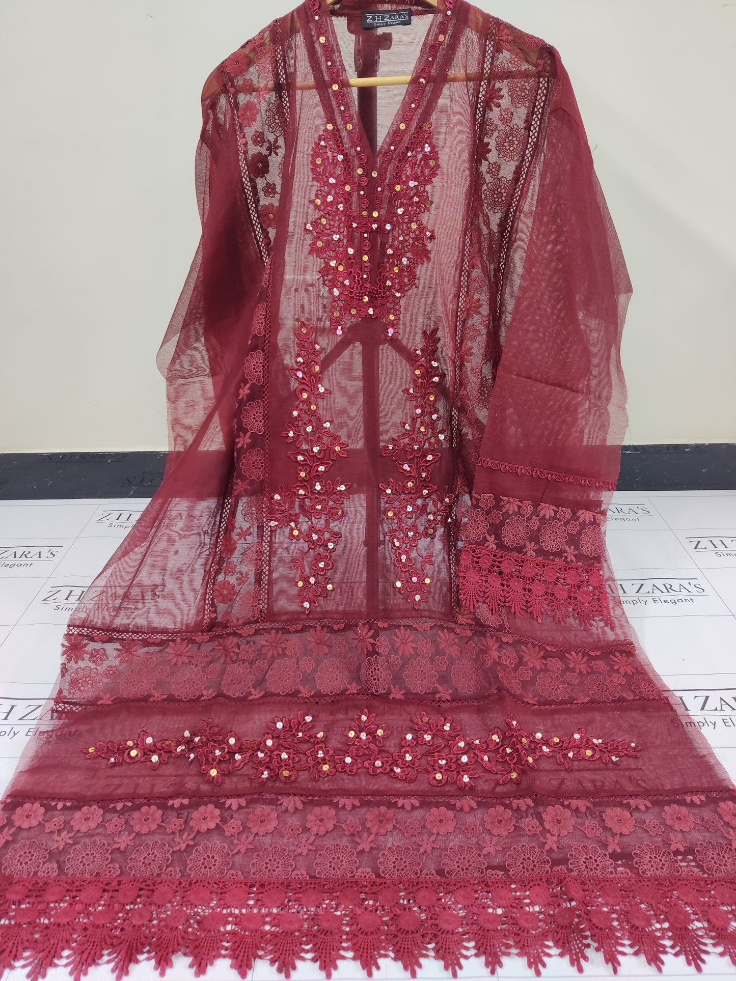 Maroon V2 Cutwork Handwork 2pc