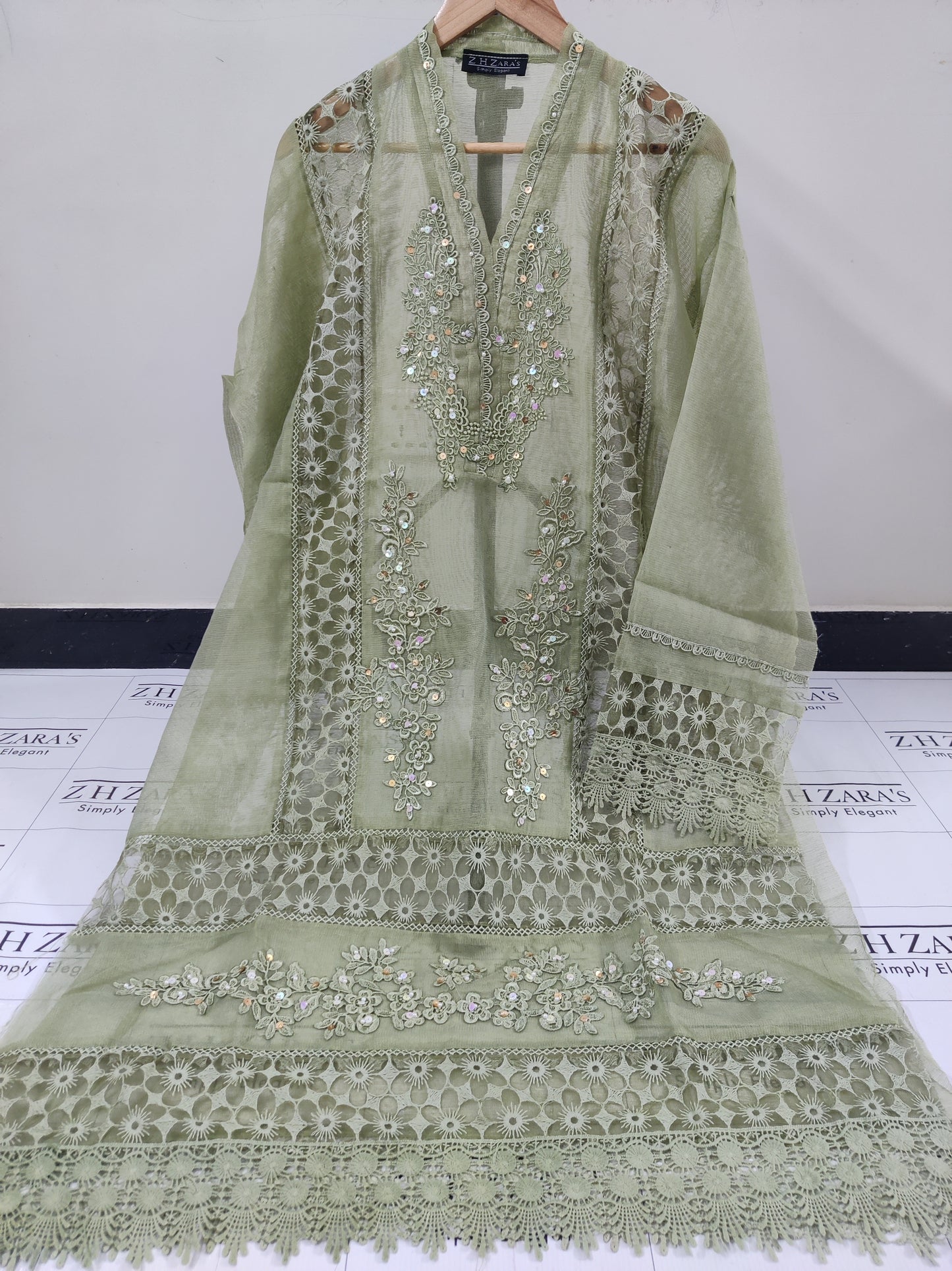 Olive Green V2 Cutwork Handwork 2pc