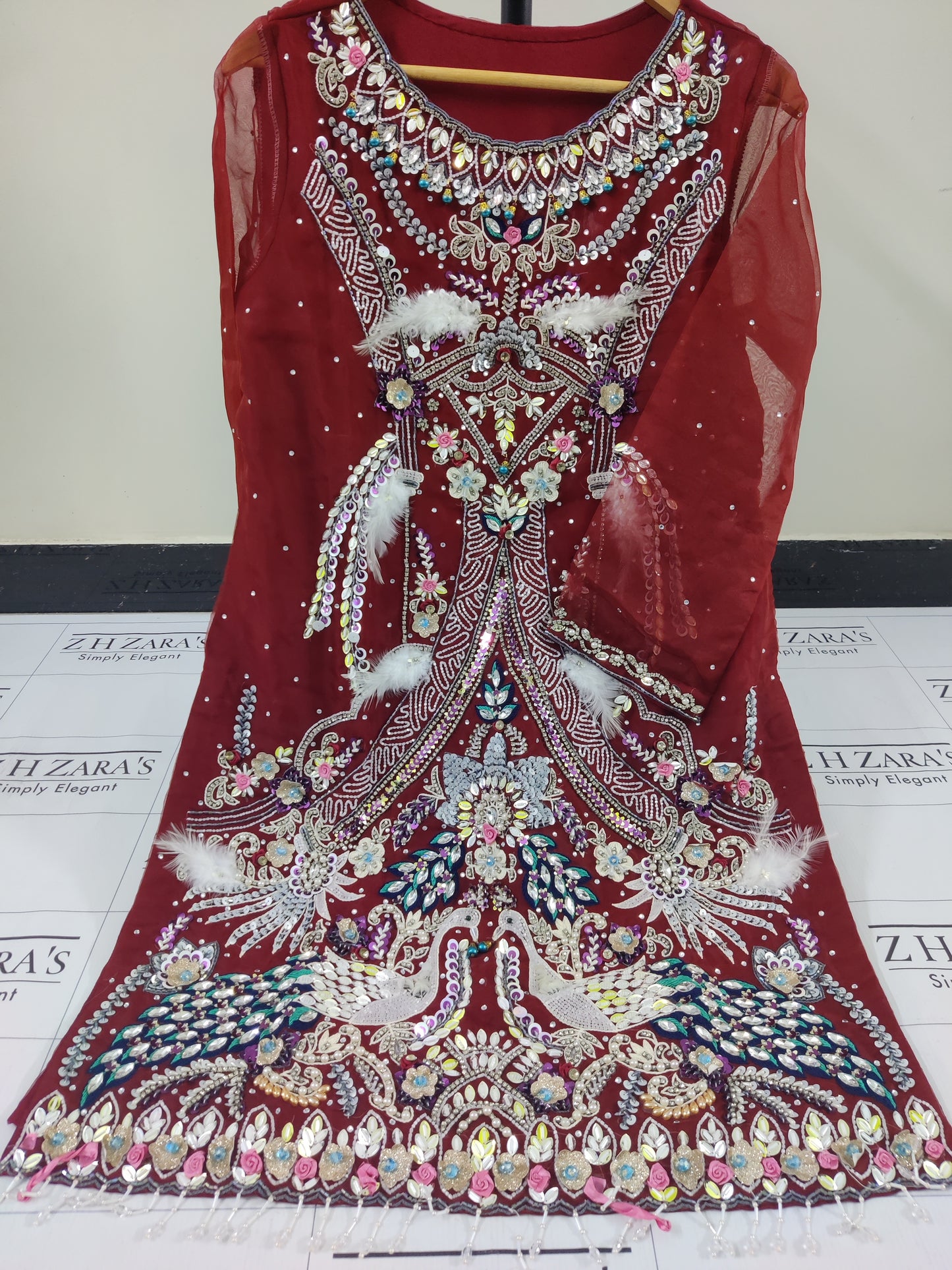 Maroon Peacock Hand Embellished 2pc & 3pc