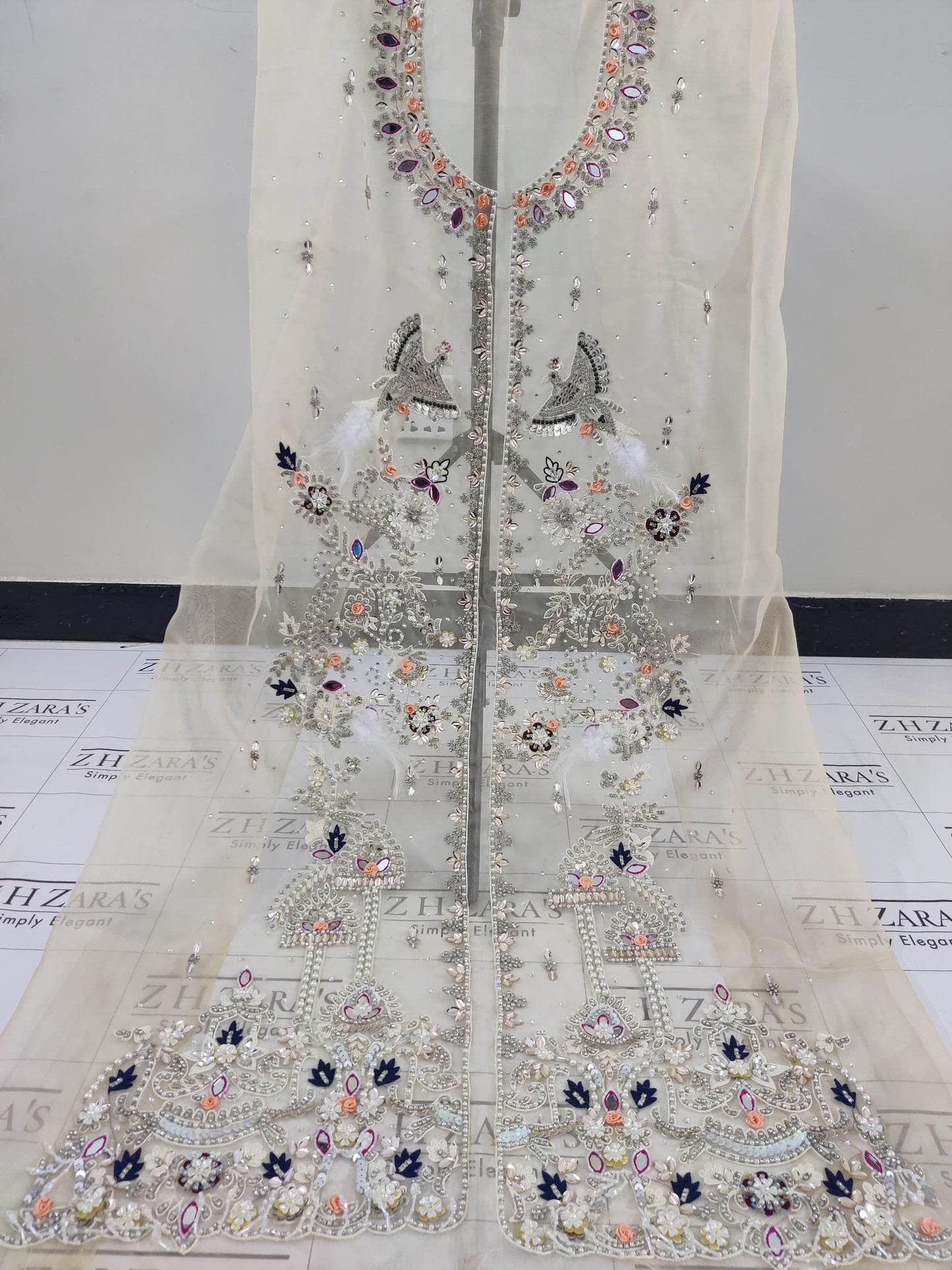 Skin Foan Front Open Gown Hand Embellished 2pc